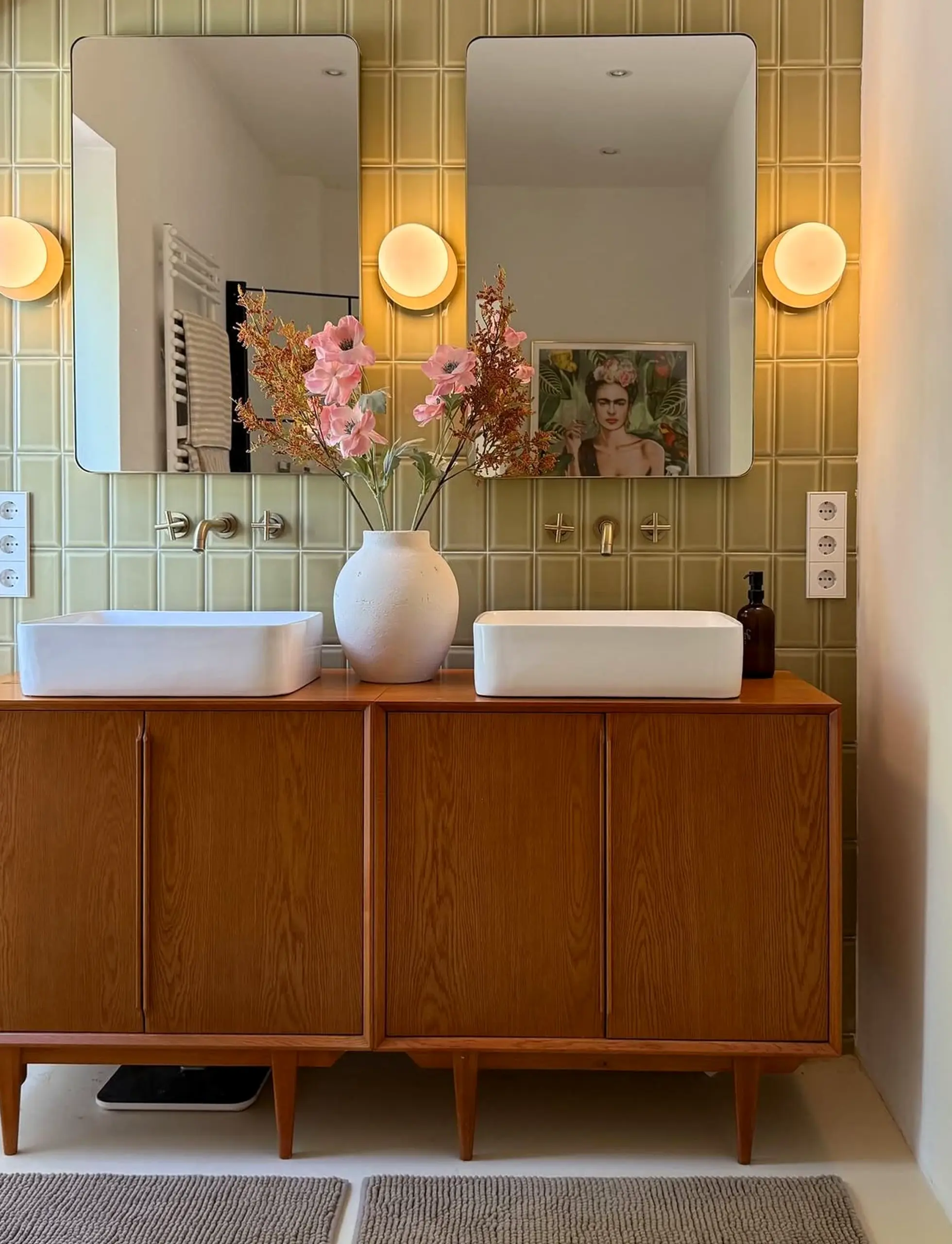 Colorful bathroom vanity brings focus to the view, creating a mood that feels bright but not busy.