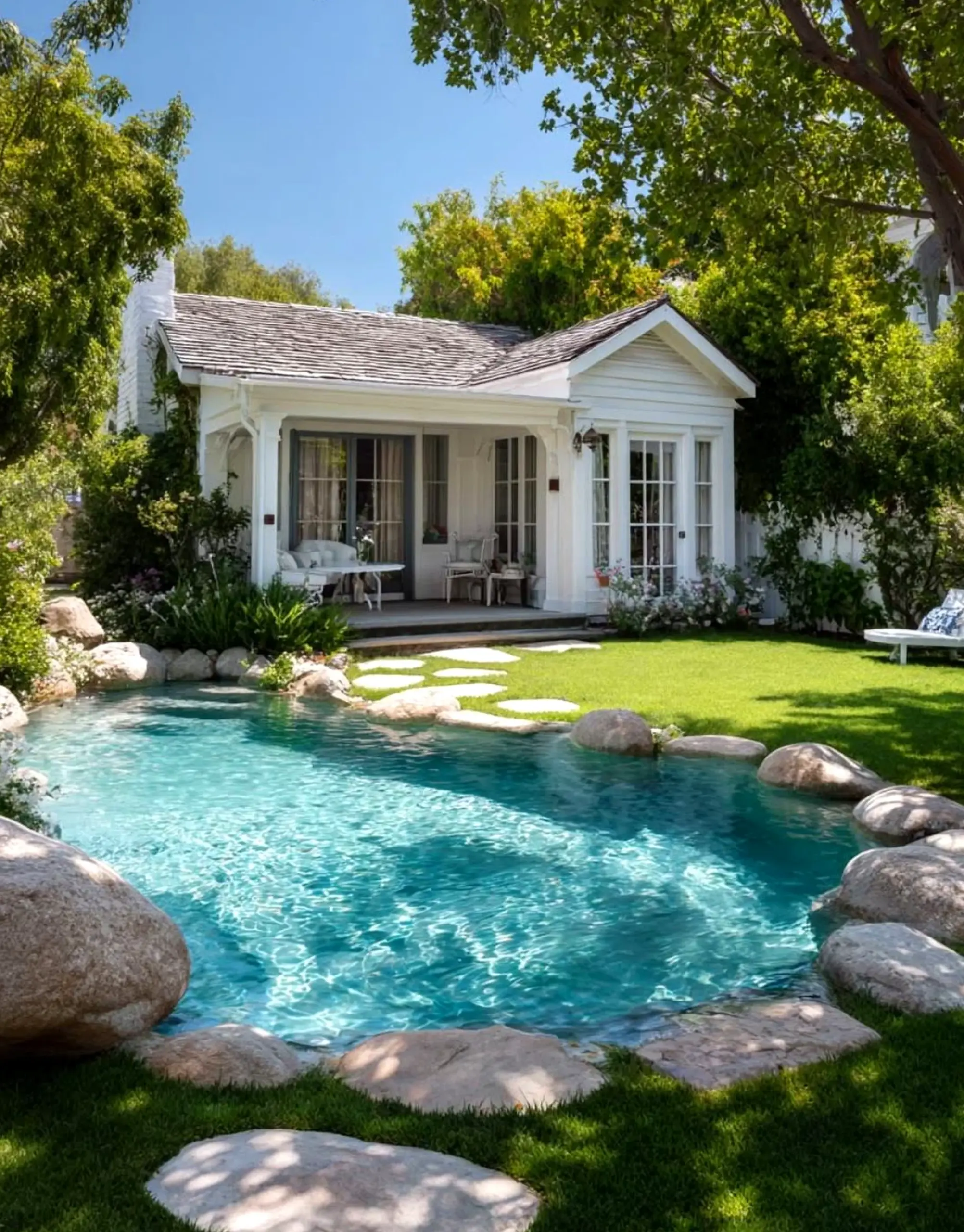 Sculptural tile detail frames the garden edge with character, making the scene feel simple yet expressive.
