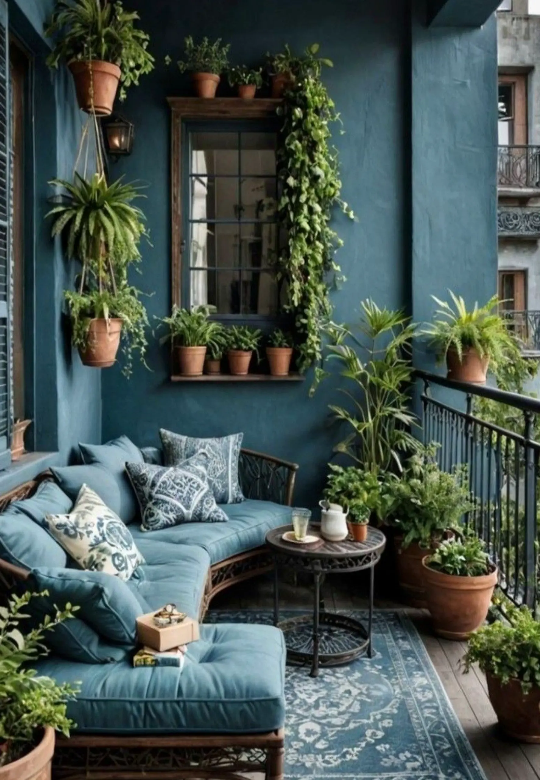 Calm reading corner frames the garden edge with shape, making the scene feel open and lived-in.