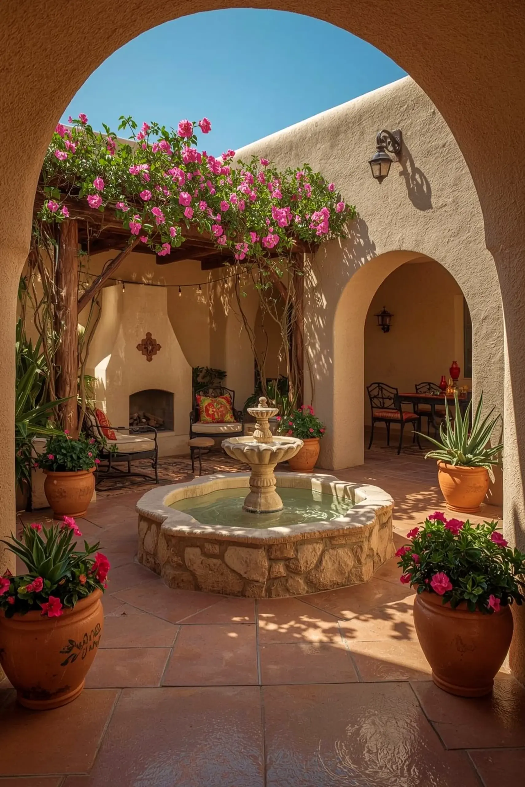 Cozy floral bed supports the outdoor space through freshness, leaving the space feeling soft at the edges.