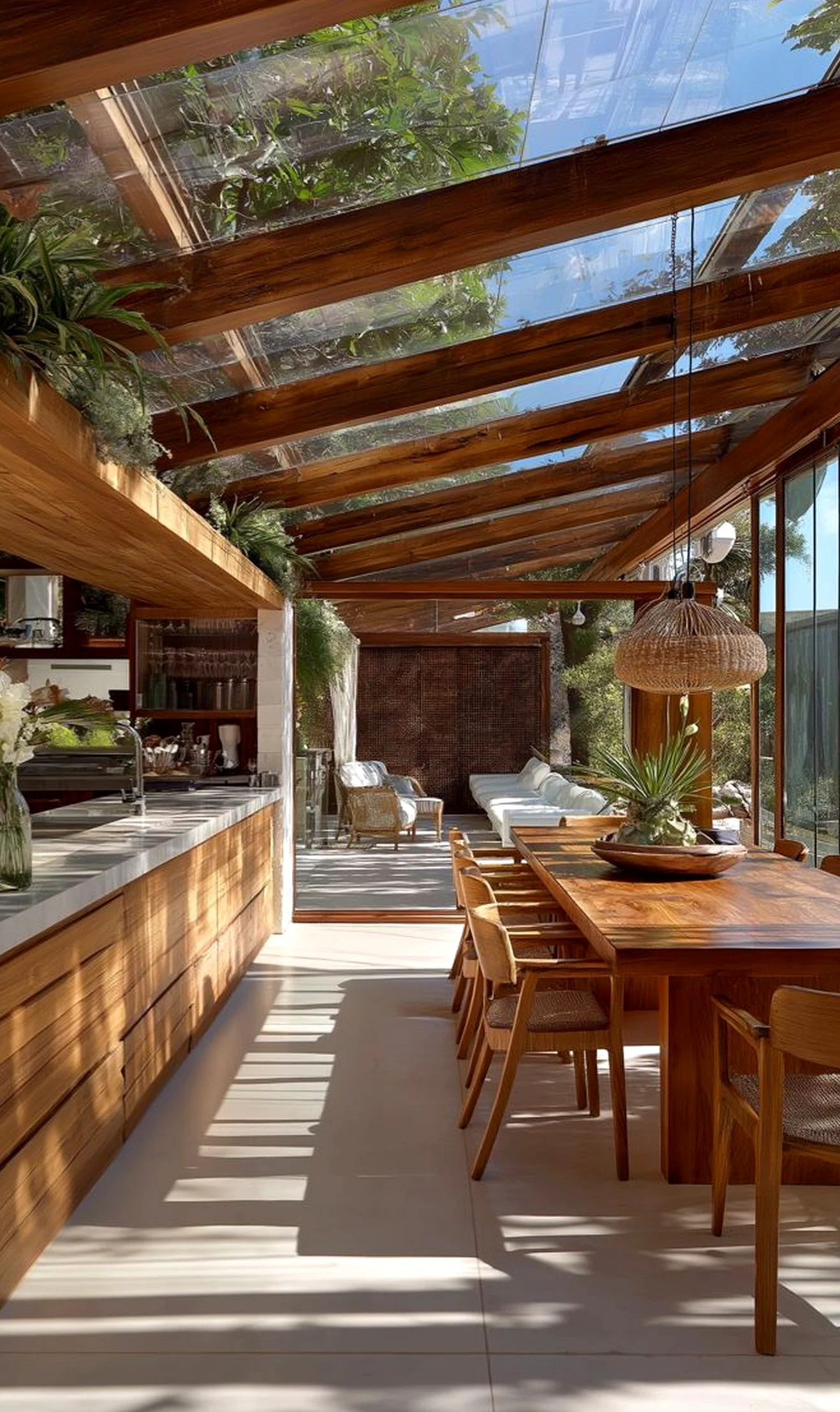 Polished greenhouse corner gives the wall more focus, so the whole view feels bright but not busy.
