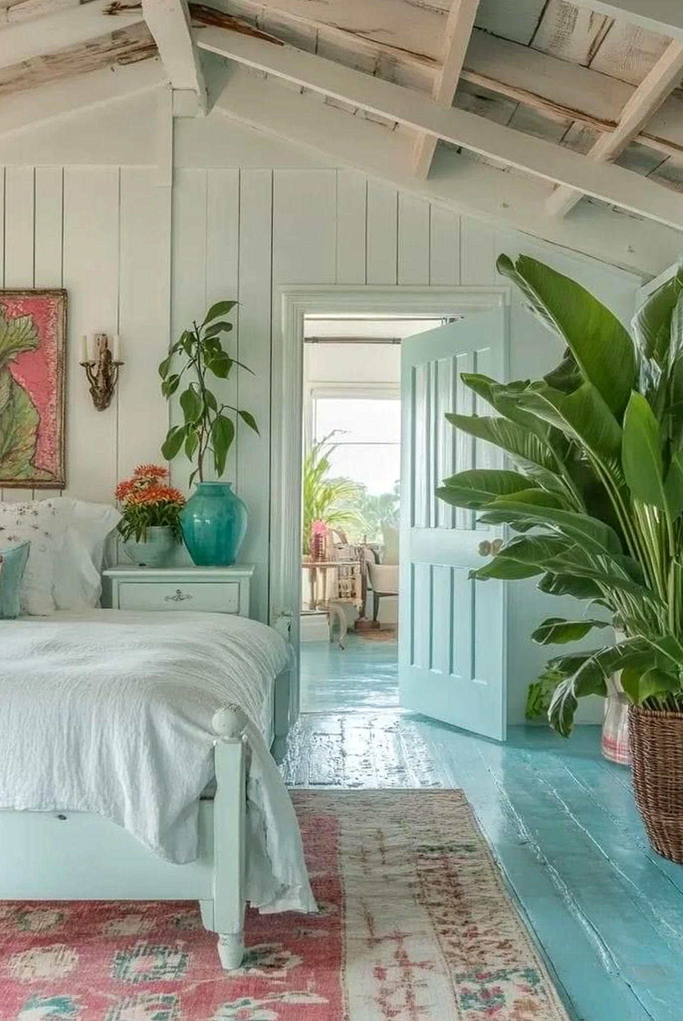 Leafy stair landing brings a useful note of personality, making the composition feel settled and welcoming.