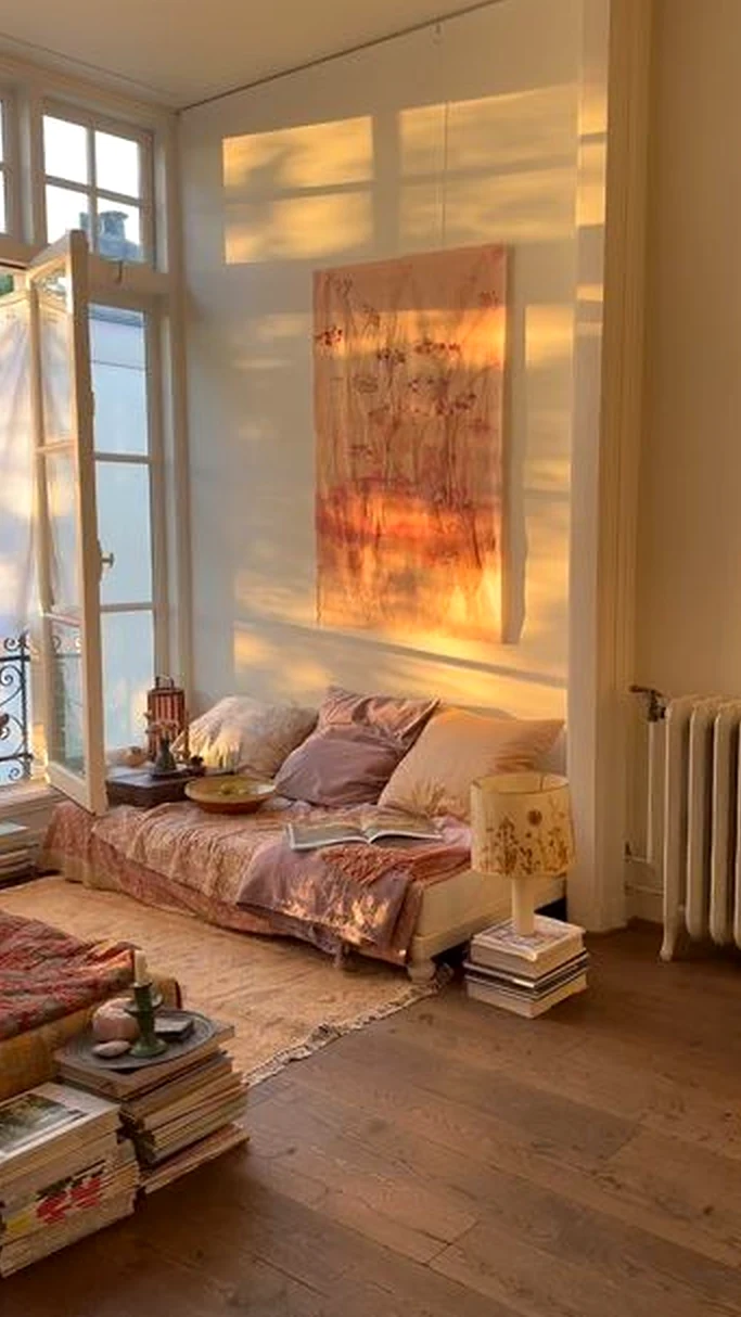 Simple dining setup anchors the entry with focus, giving the view a mood that feels pleasantly composed.