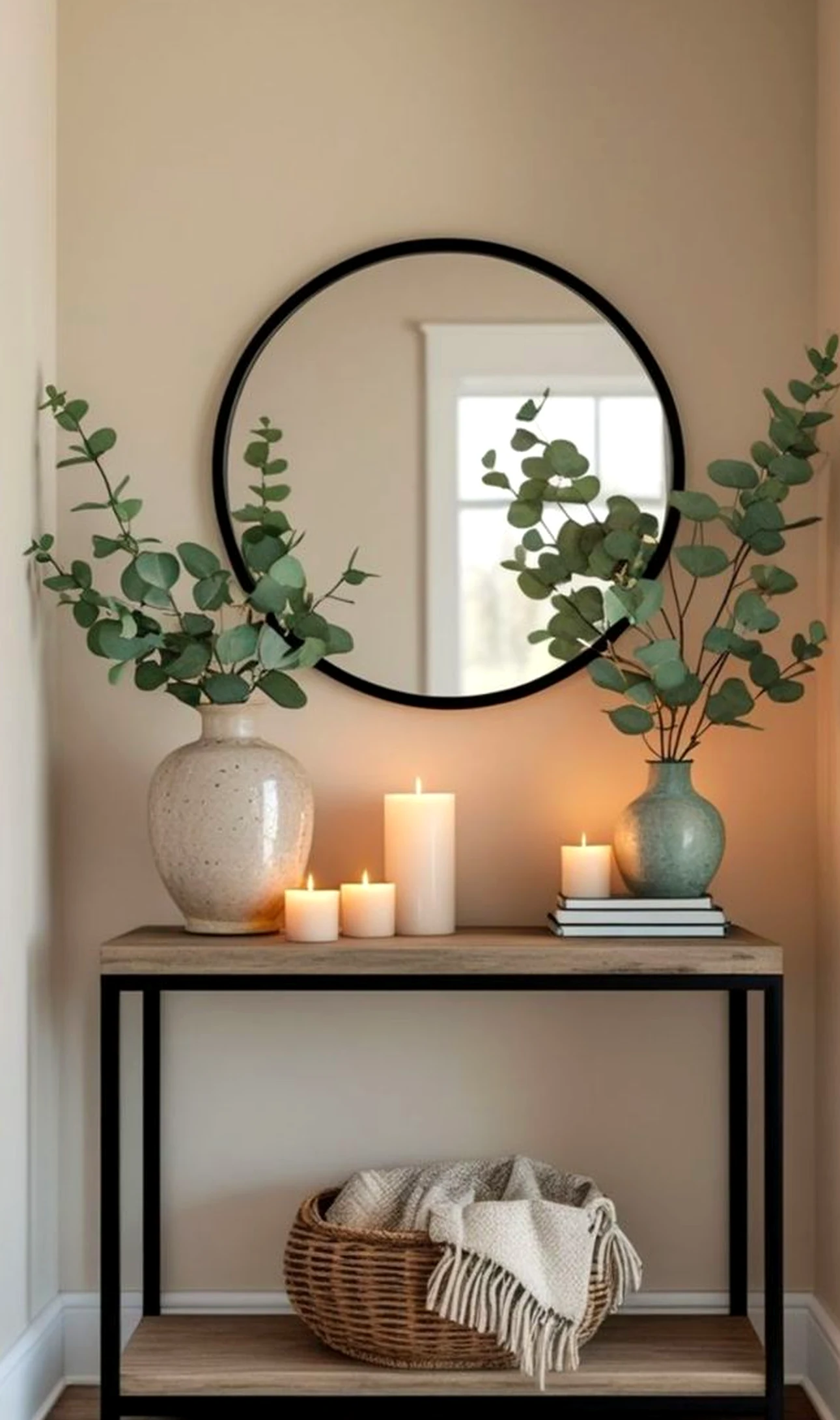 Balanced bathroom vanity introduces freshness into the setting, keeping the atmosphere warm without clutter.