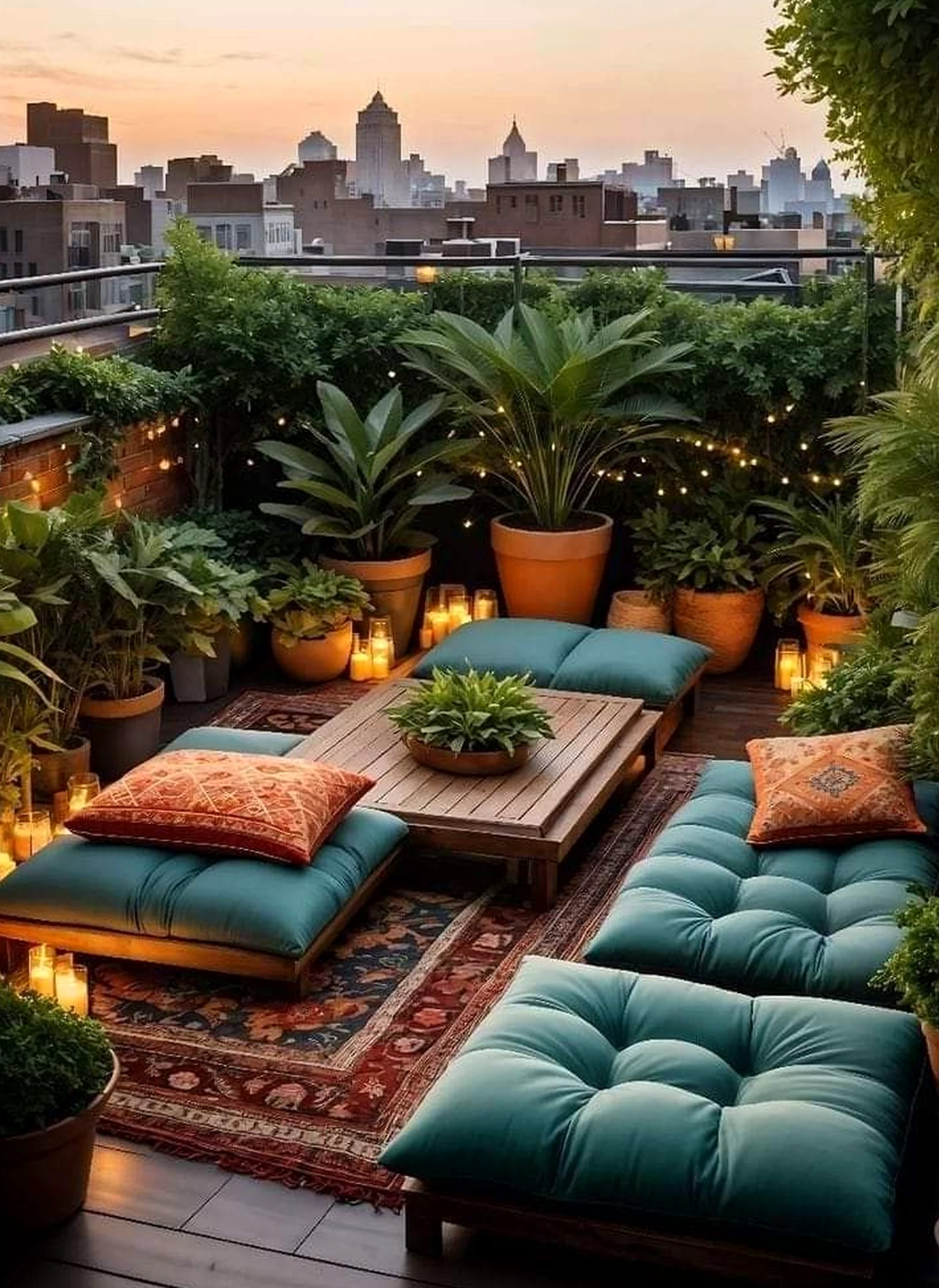 Cozy balcony scene supports the arrangement through charm, leaving the space feeling warm without clutter.
