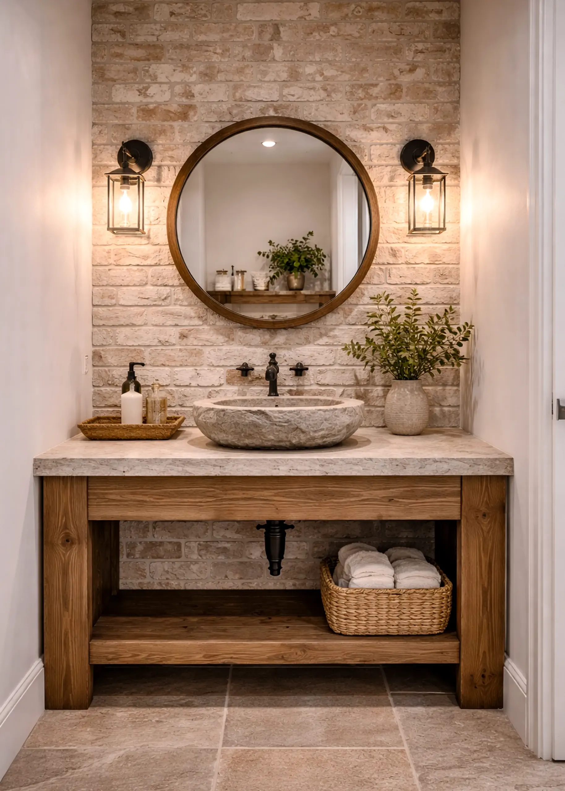 Leafy cabinet wall brings character to the arrangement, creating a mood that feels visually grounded.