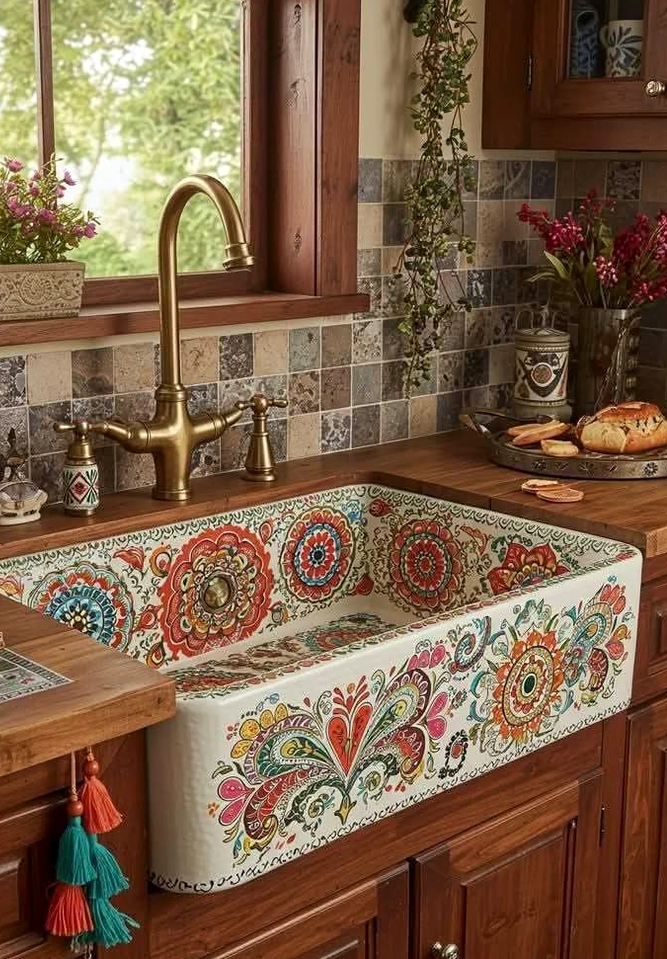 Soft flower arrangement frames the garden edge with clarity, making the scene feel open and lived-in.