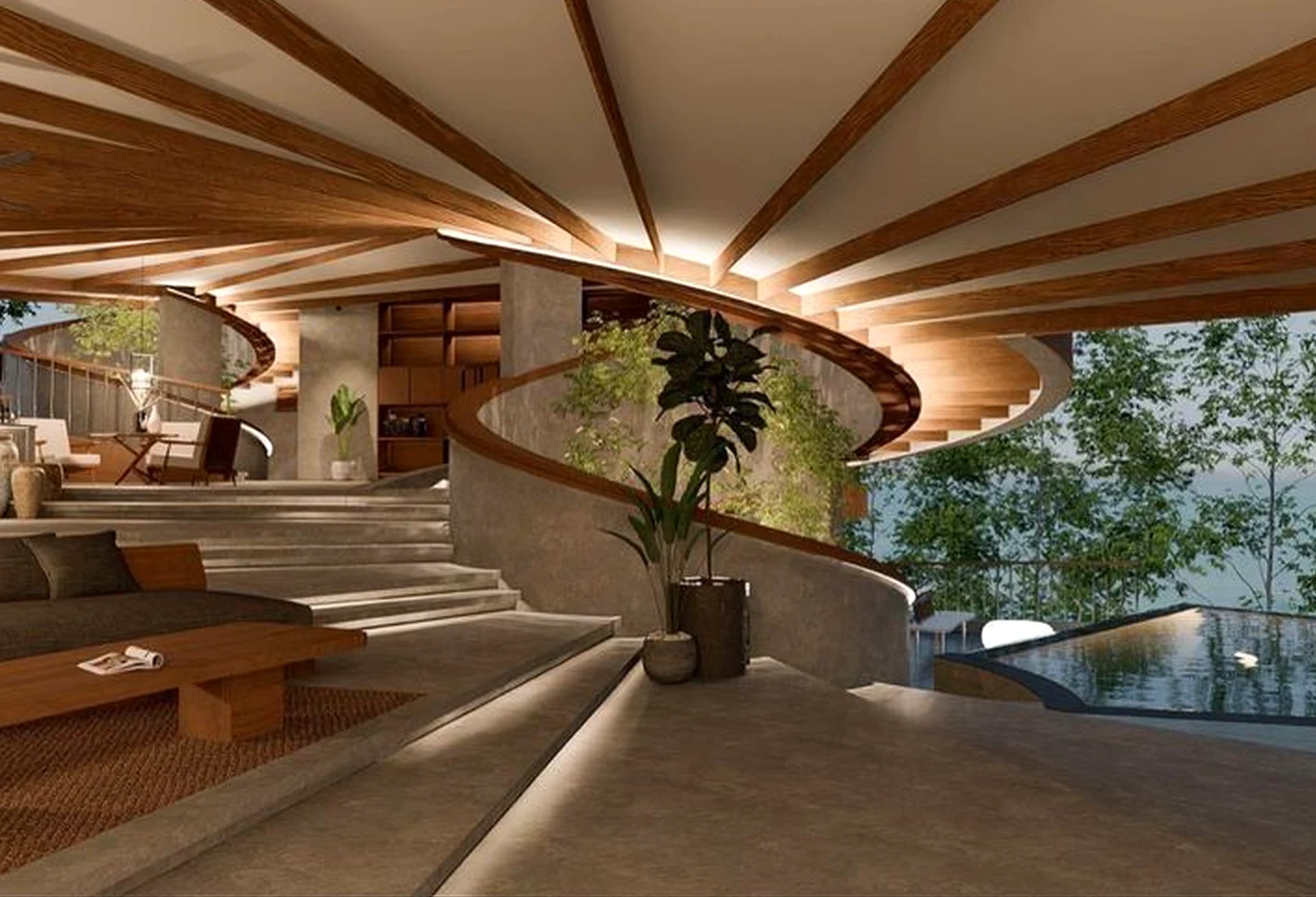 Relaxed poolside setting draws attention to movement while the composition stays settled and welcoming.