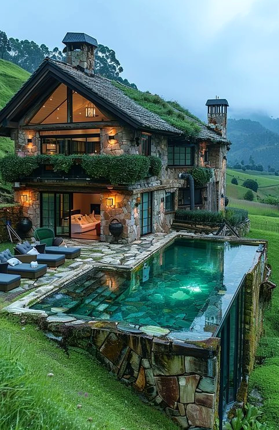 Calm fireplace area gives the garden edge more warmth, so the whole view feels bright but not busy.