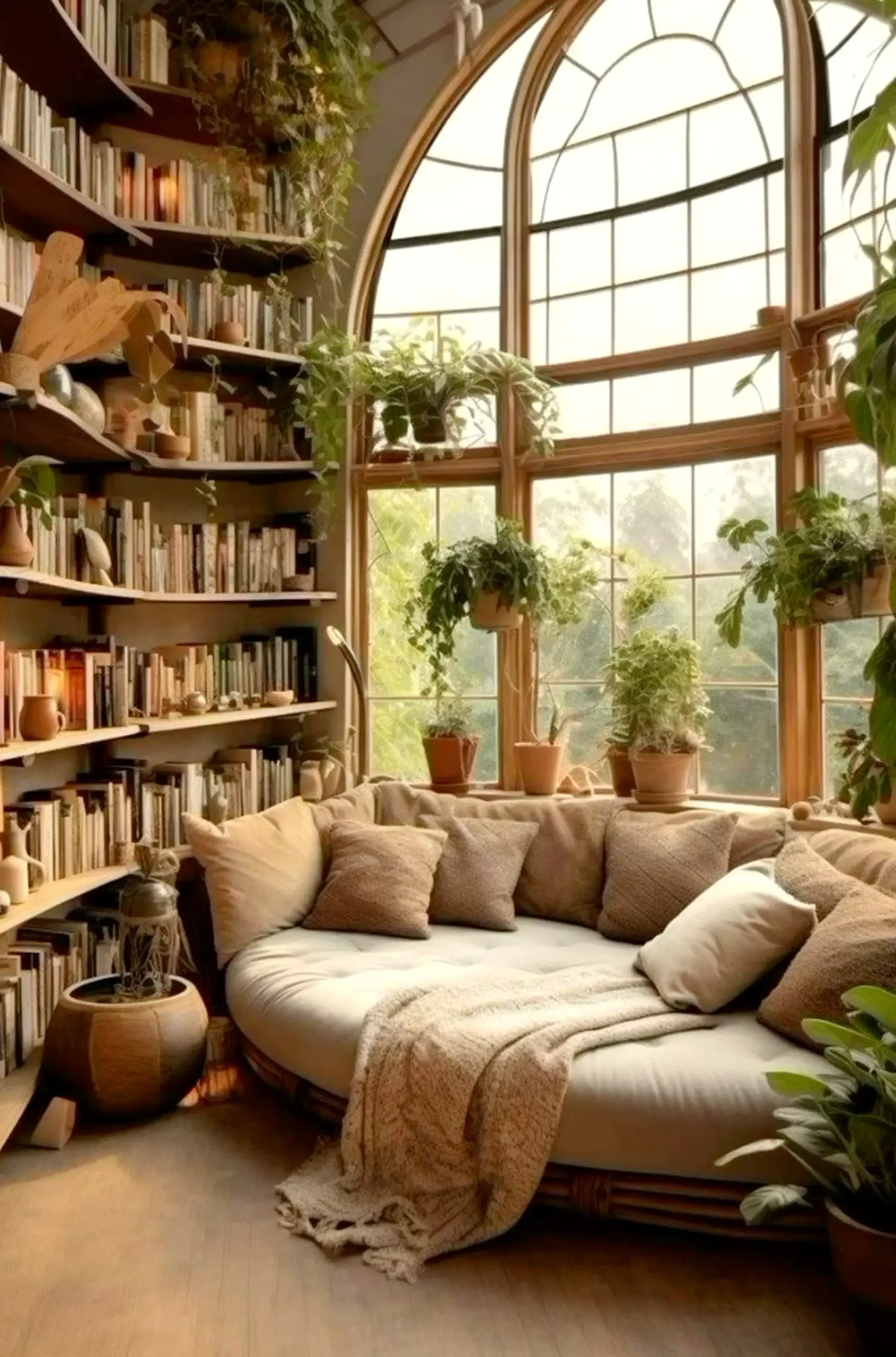 Calm reading corner gives the sitting area more shape, so the whole view feels bright but not busy.