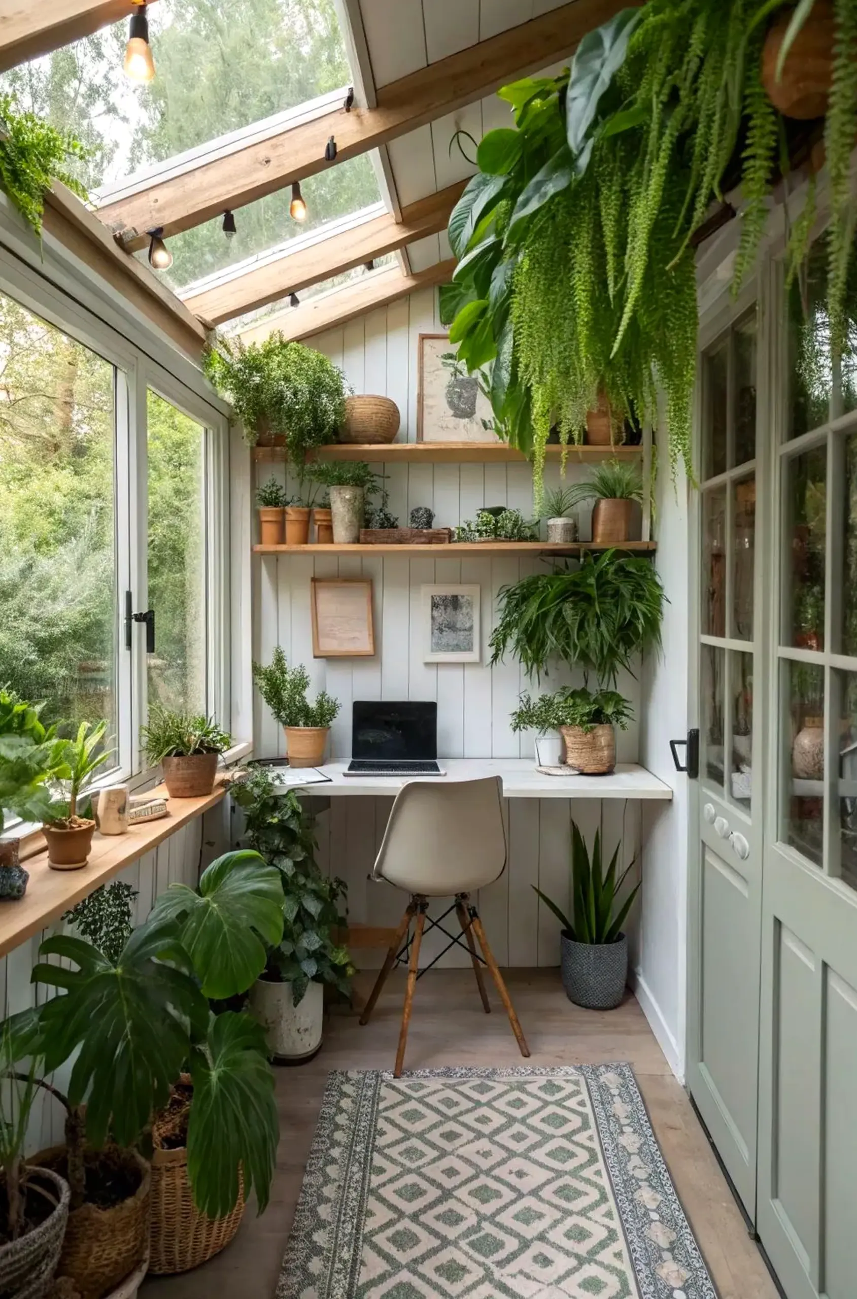 Polished compact workspace frames the corner with texture, making the scene feel comfortable in daily use.