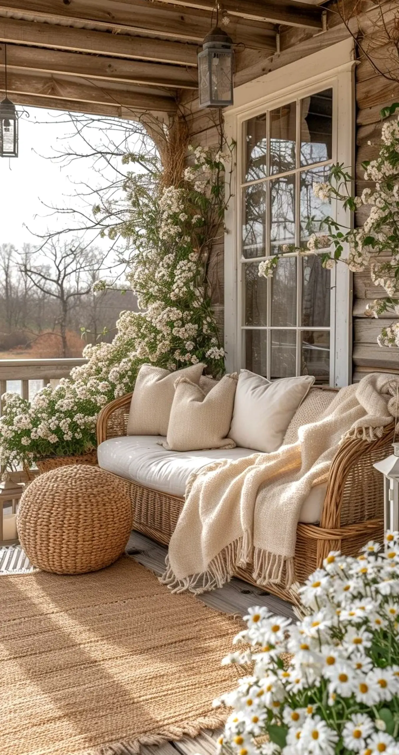 Relaxed patio corner draws attention to charm while the room stays quietly finished.