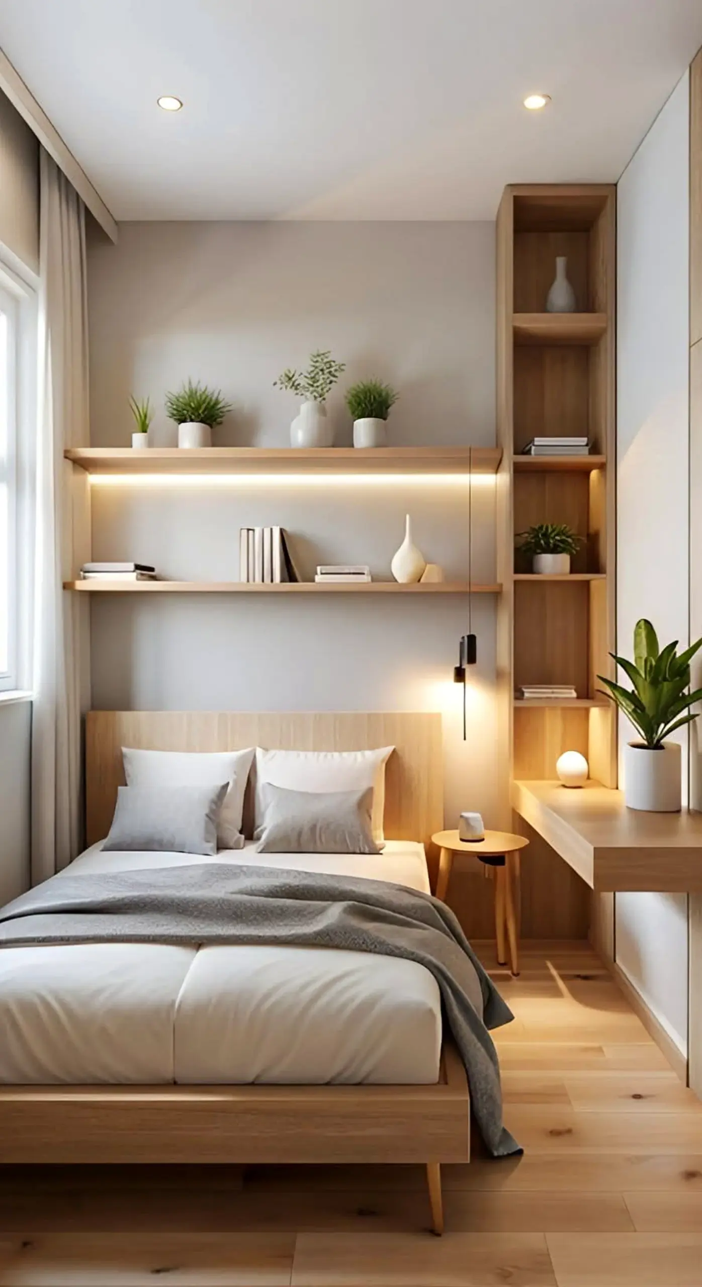 Airy wood shelving draws attention to ease while the view stays simple yet expressive.