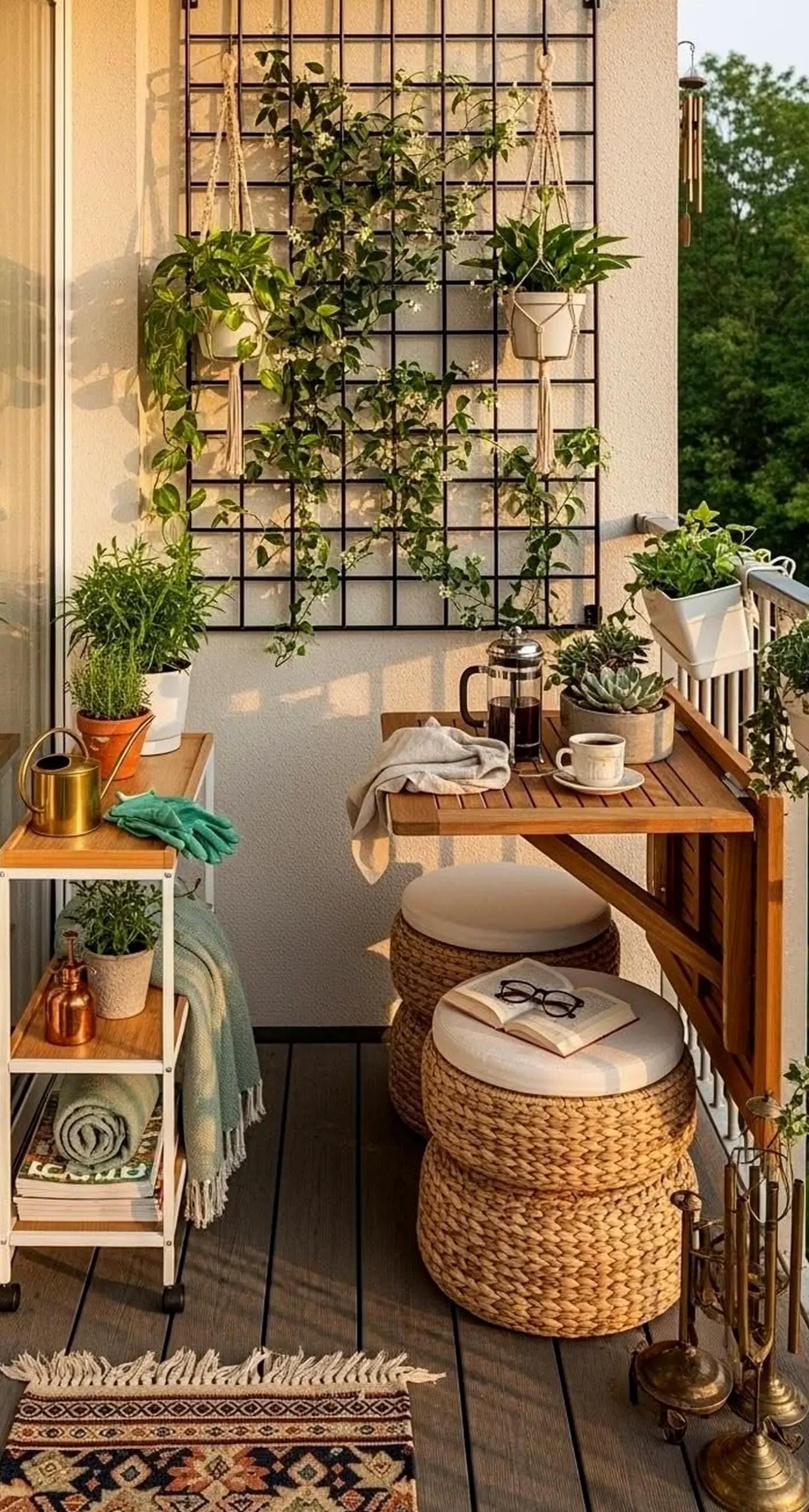 Compact plant shelf gives the entry more shape, so the whole view feels warm without clutter.