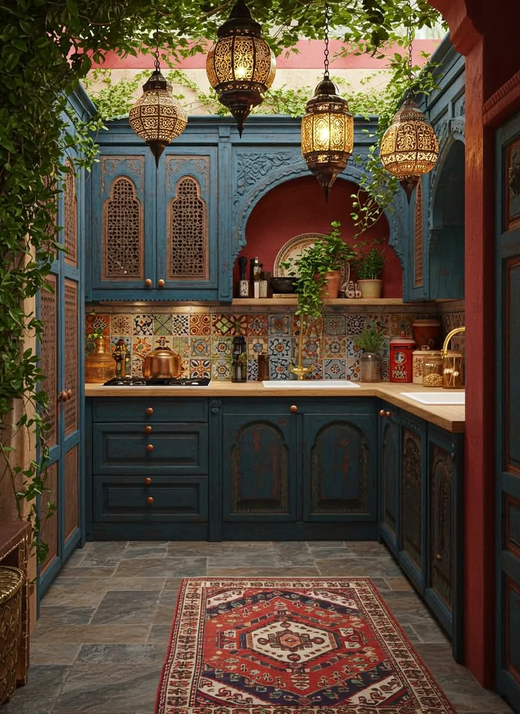 Polished cabinet wall frames the outdoor space with freshness, making the scene feel personal and relaxed.