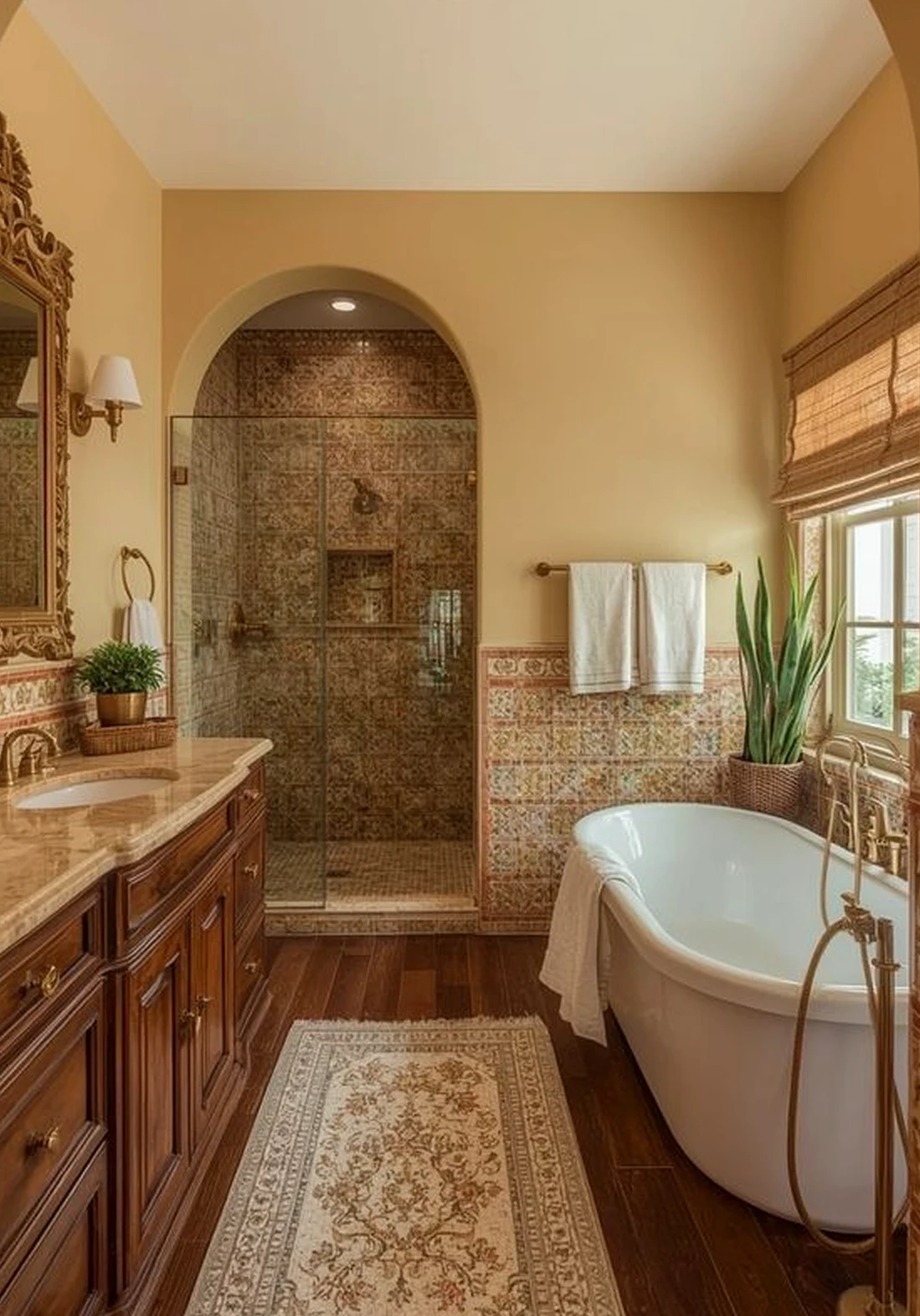 Earthy wall niche gives the view more depth, so the whole view feels warm without clutter.