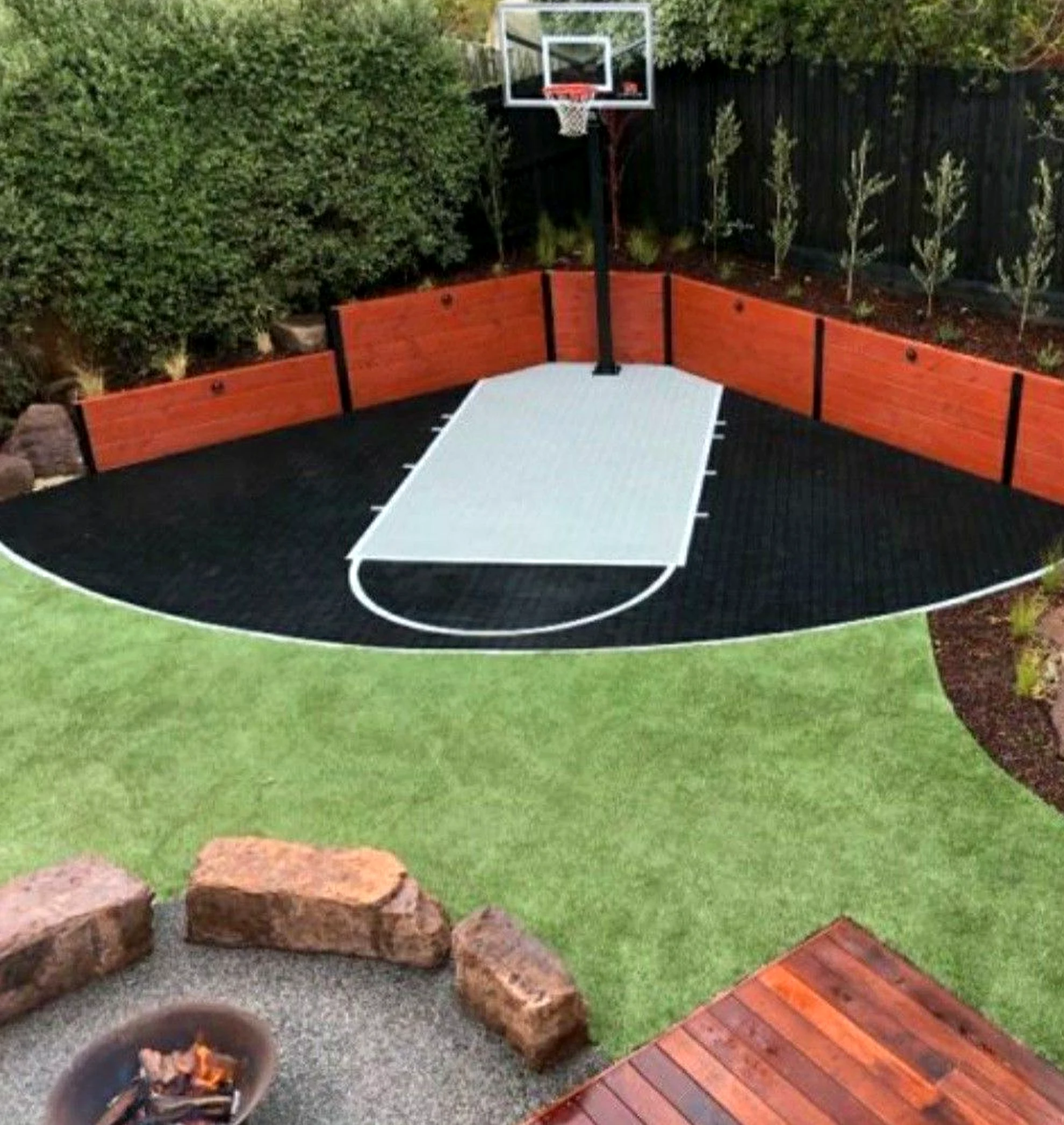 Textured outdoor lounge anchors the corner with movement, giving the view a mood that feels ready for quiet use.