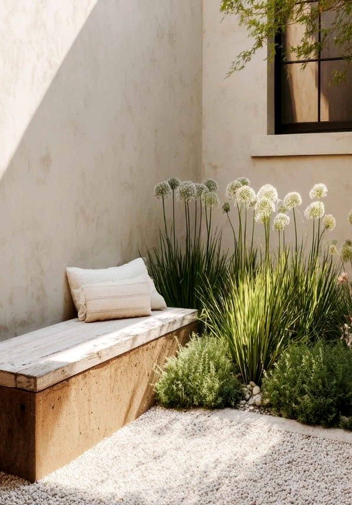 Calm stone terrace introduces comfort into the outdoor space, keeping the atmosphere pleasantly composed.