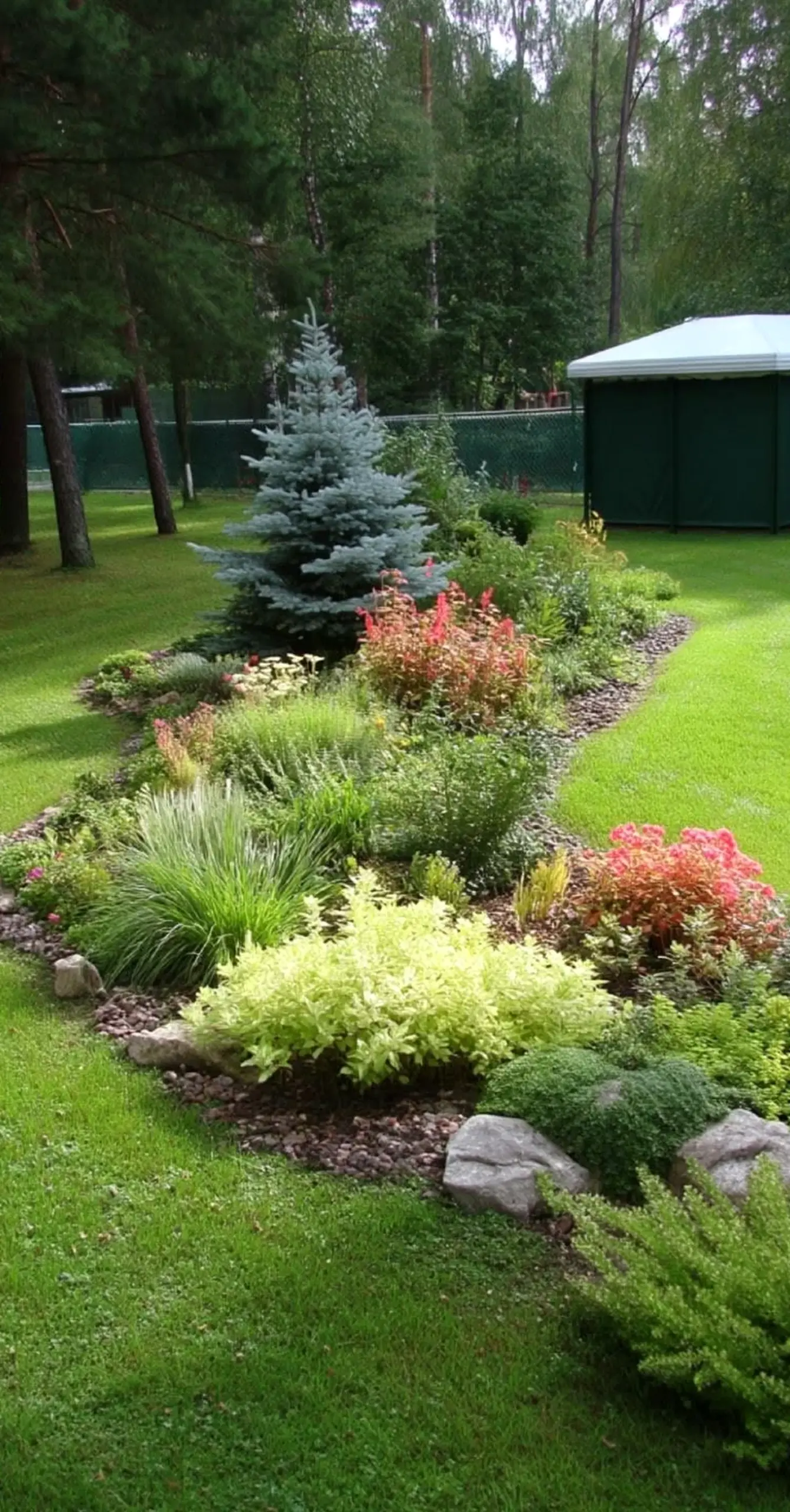 Colorful outdoor lounge anchors the garden edge with movement, giving the view a mood that feels ready for quiet use.