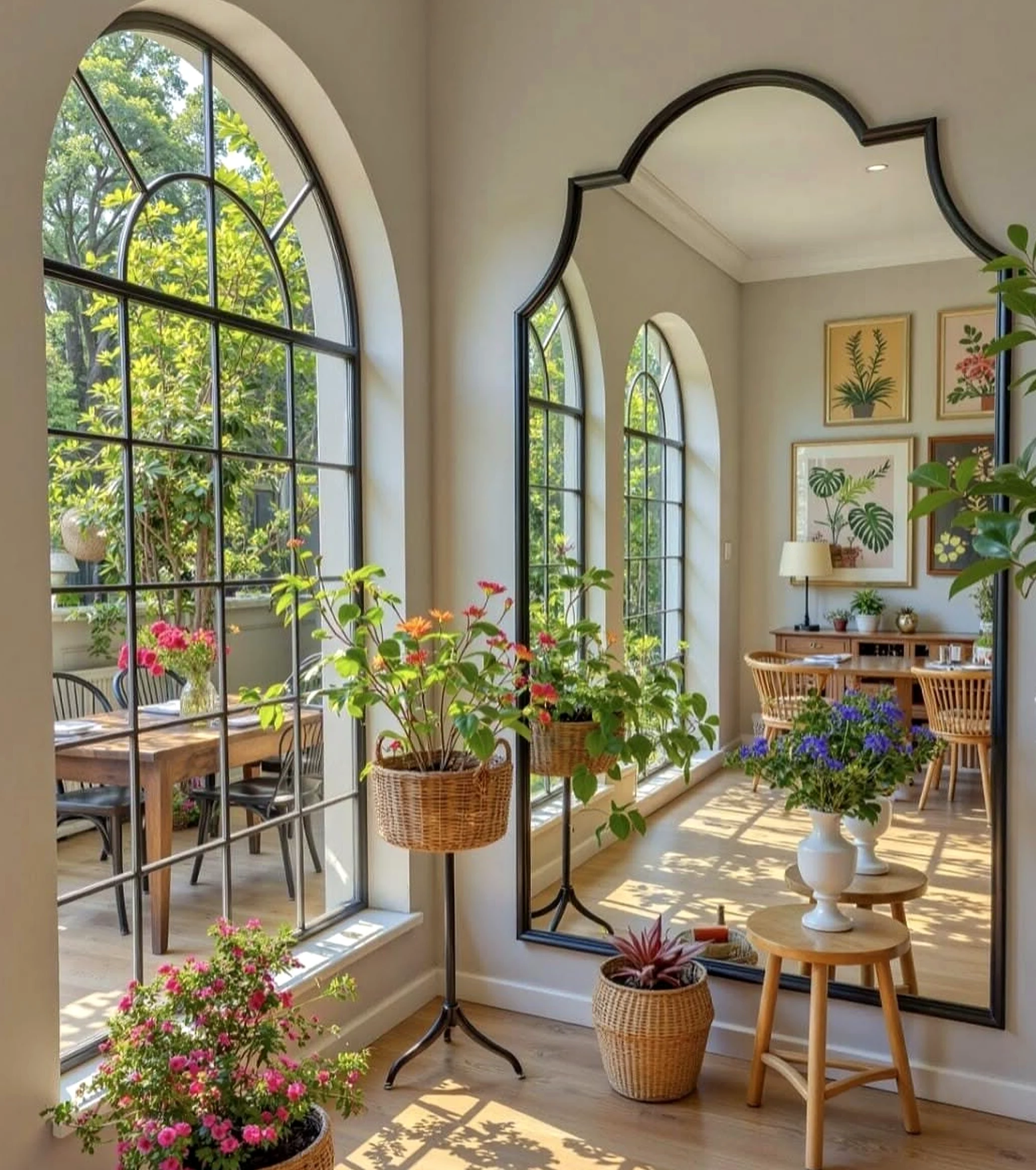 Elegant stair landing draws attention to movement while the sitting area stays bright but not busy.