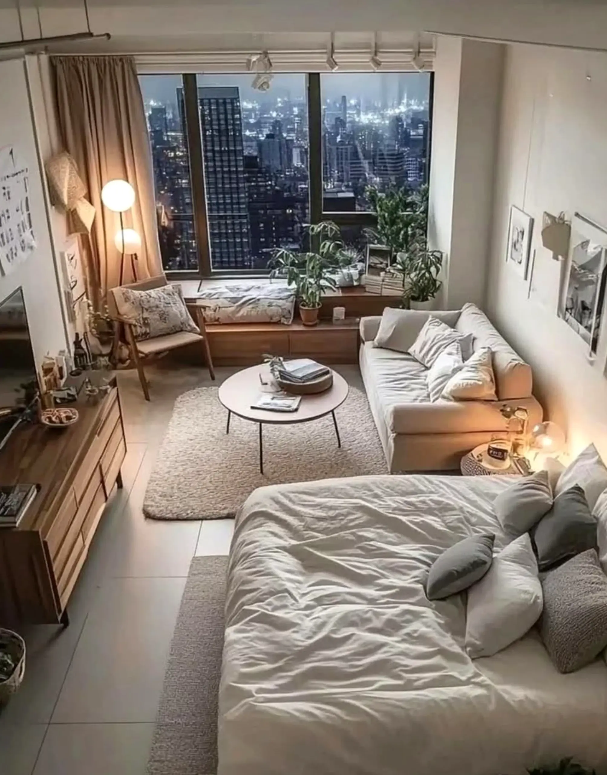 Soft shower wall adds shape across the sitting area, giving the decor a finish that feels warm without clutter.