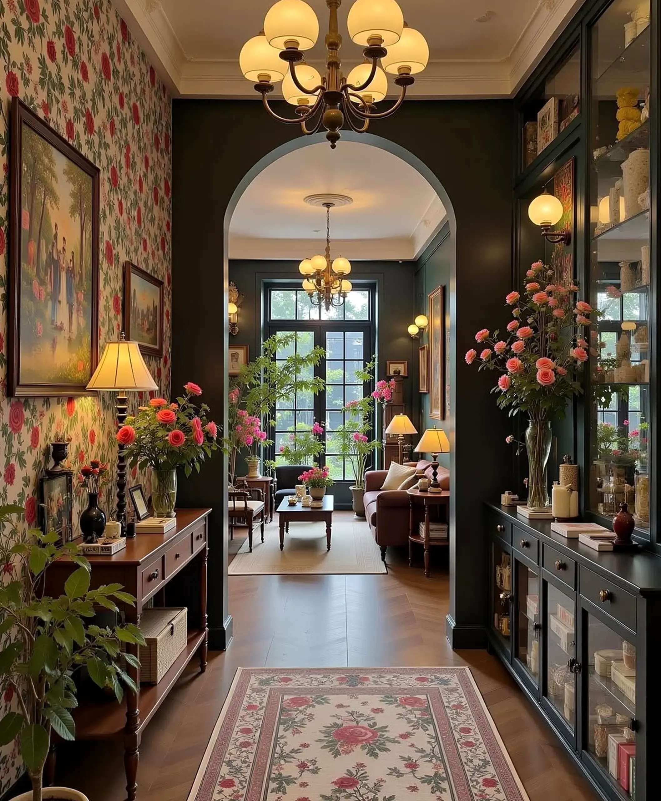 Graceful flower arrangement adds detail across the corner, giving the decor a finish that feels easy to enjoy.