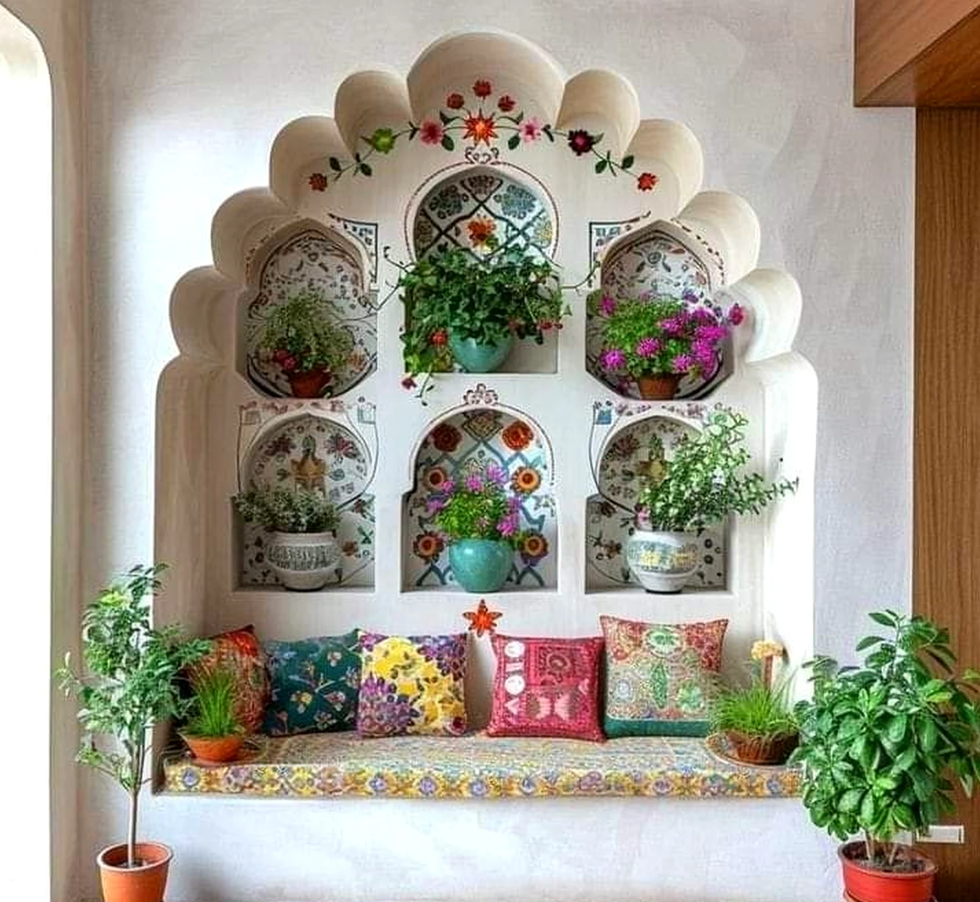 Sunny patio corner draws attention to detail while the wall stays ready for quiet use.