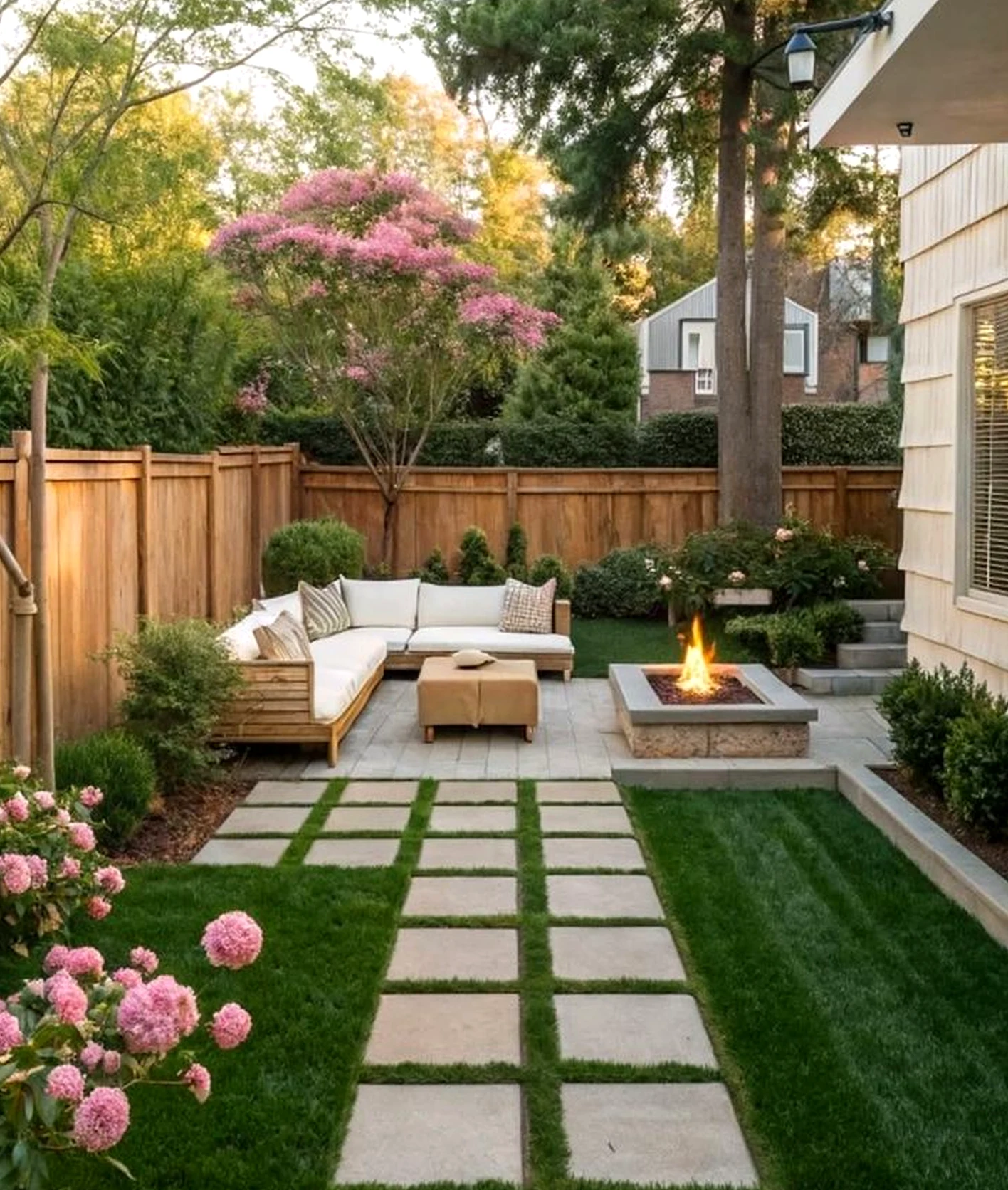 Layered flower arrangement introduces shape into the sitting area, keeping the atmosphere open and lived-in.