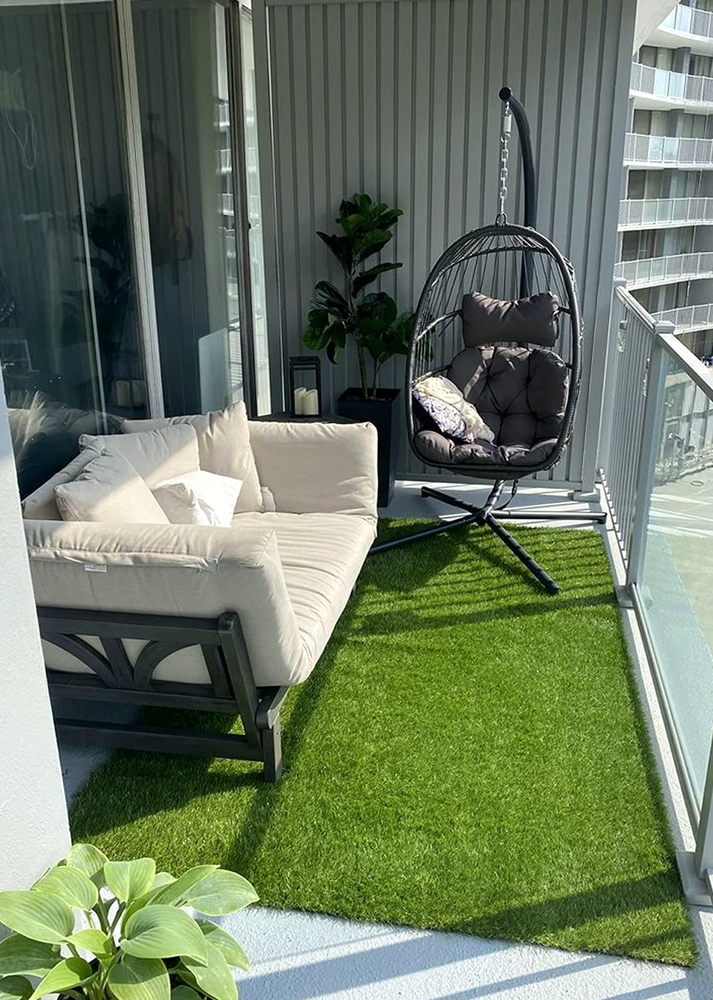Luminous green entry draws attention to light while the setting stays quietly finished.