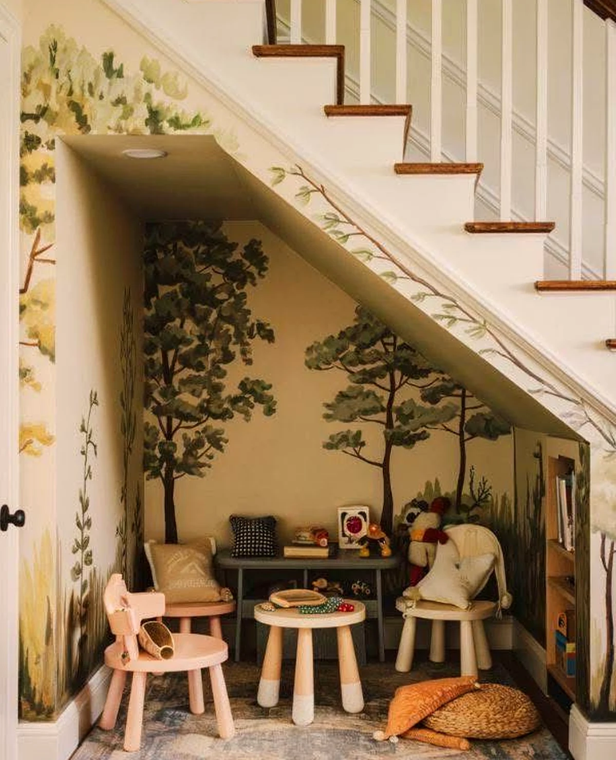Elegant wood shelving draws attention to shape while the room stays soft at the edges.