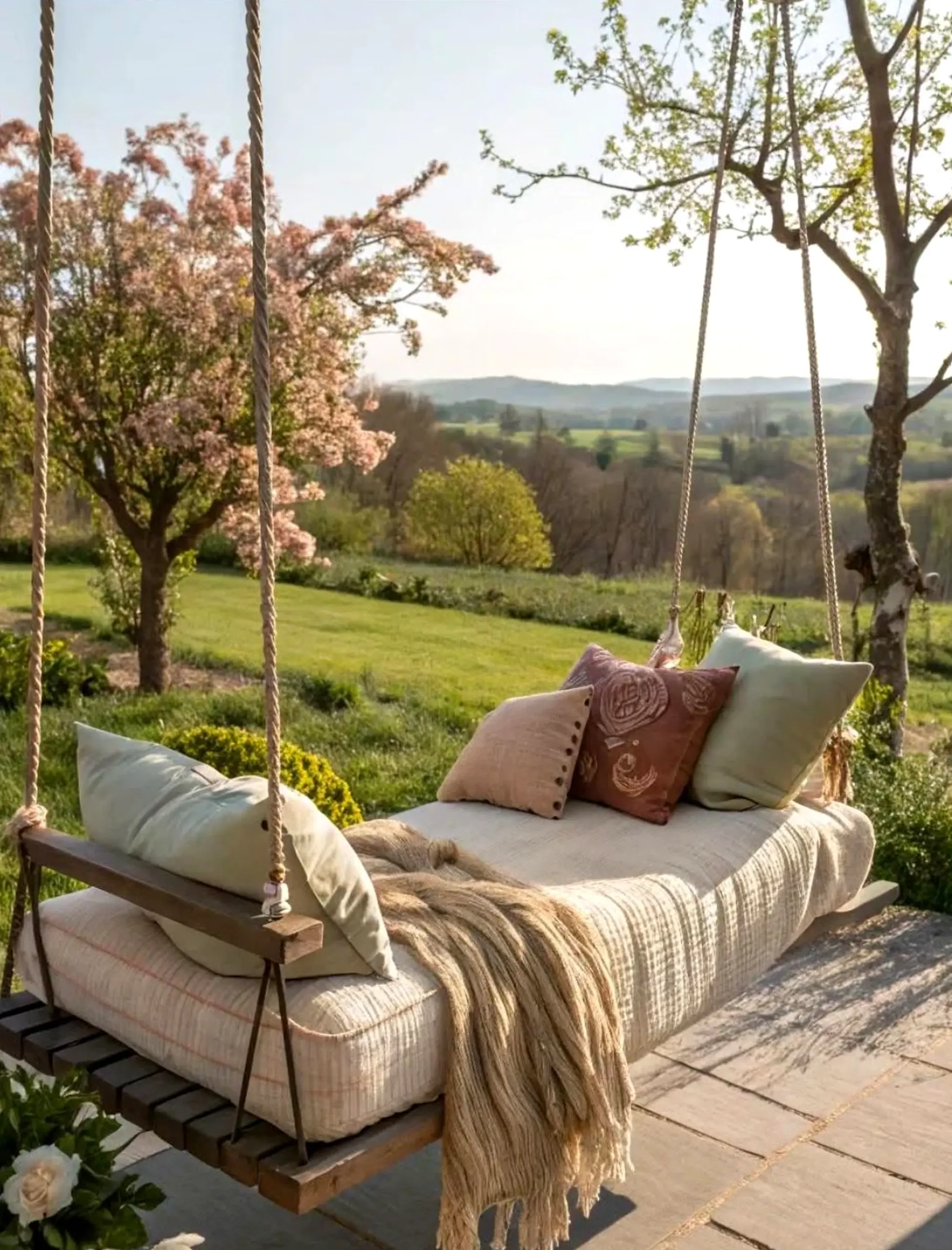 Cozy breakfast table draws attention to ease while the garden edge stays soft at the edges.