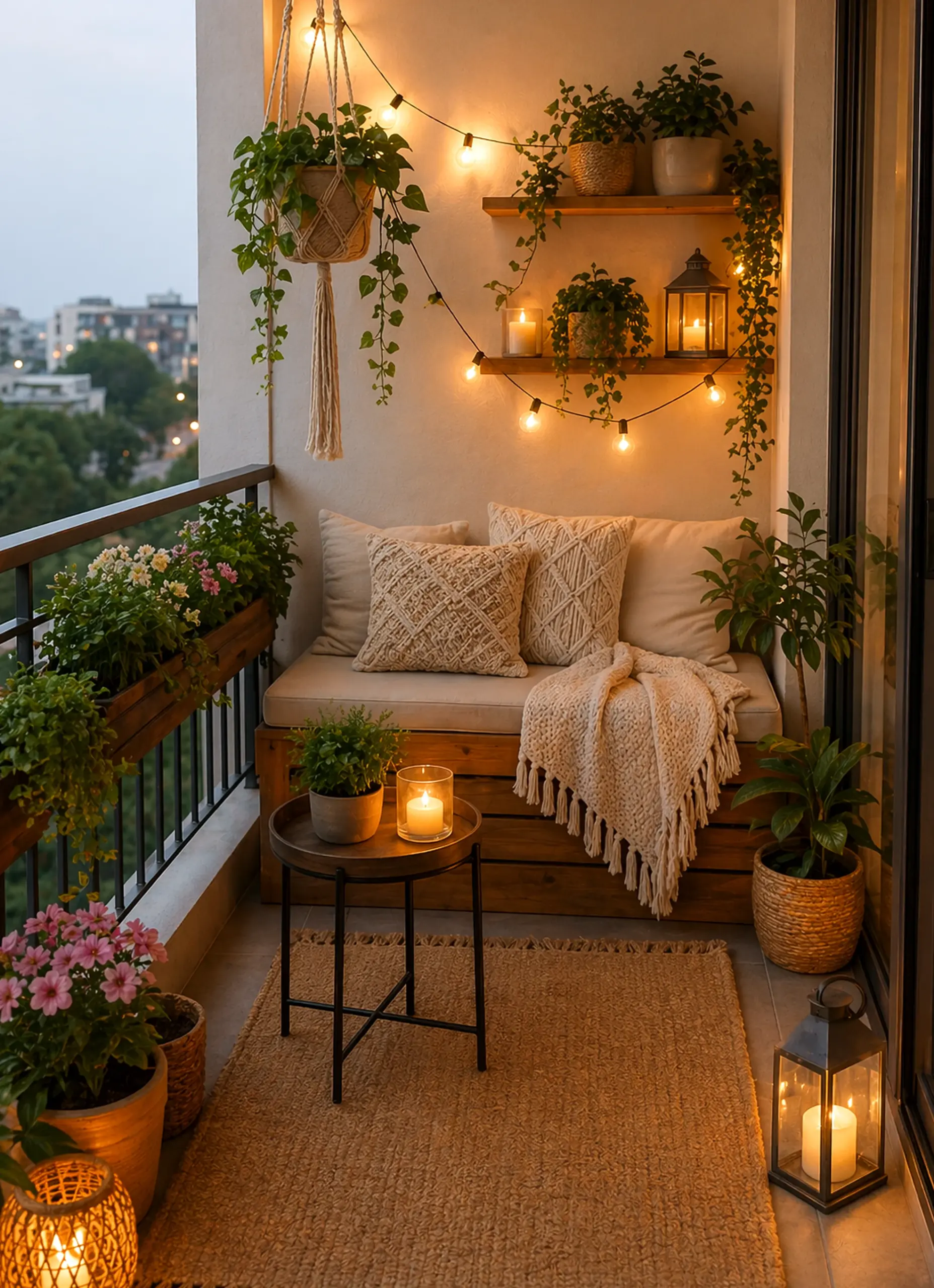 Relaxed painted door draws attention to charm while the sitting area stays soft at the edges.