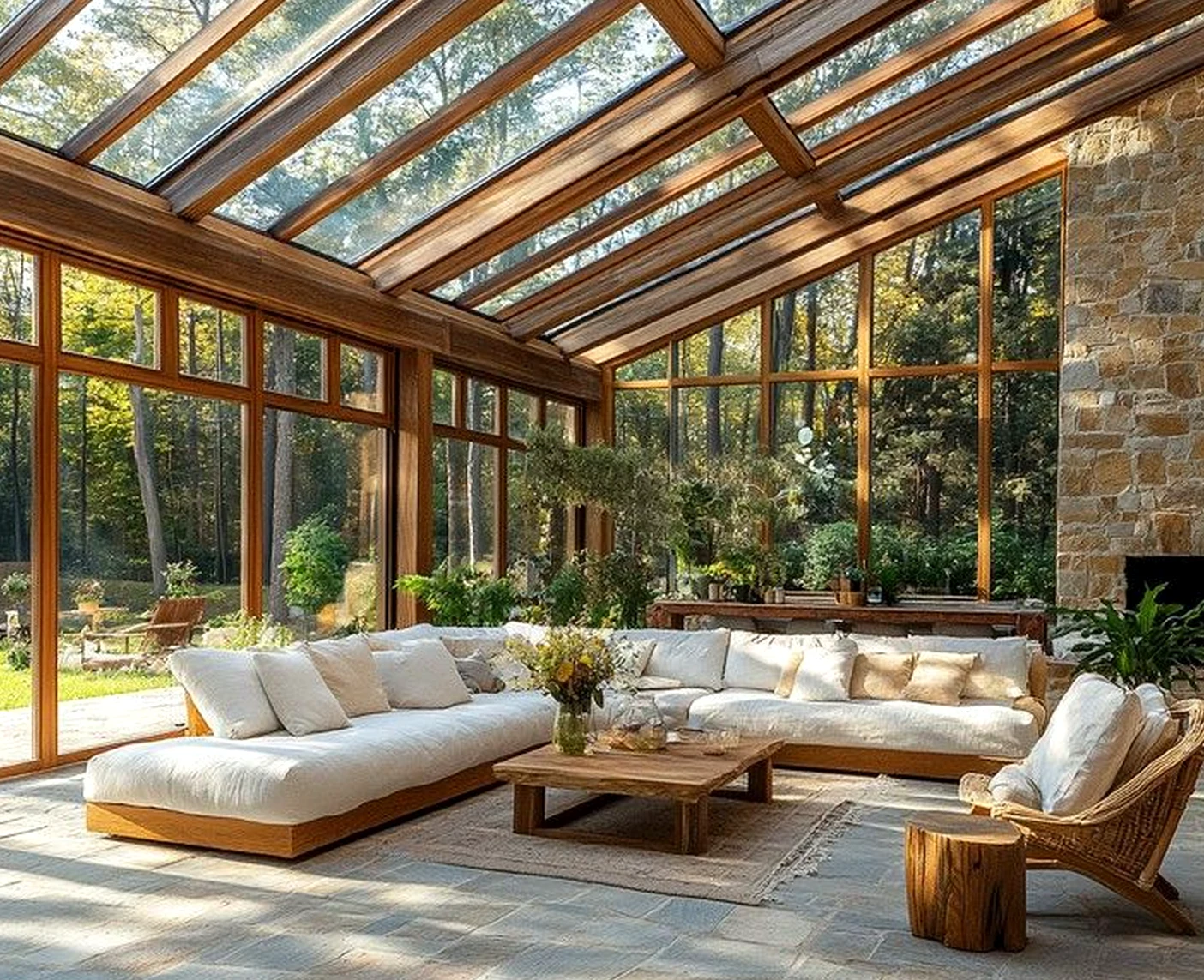 Sunny greenhouse corner introduces charm into the arrangement, keeping the atmosphere clear and inviting.