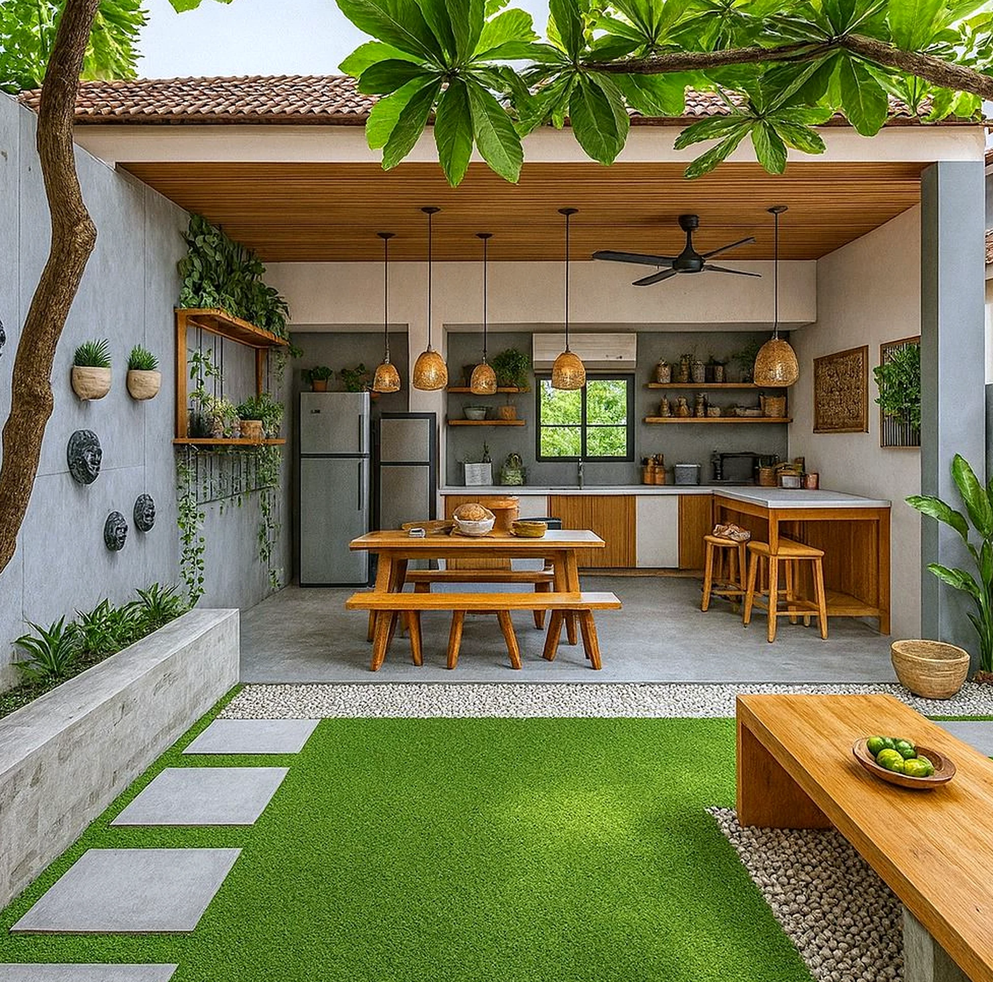 Luminous painted door draws attention to softness while the view stays open and lived-in.