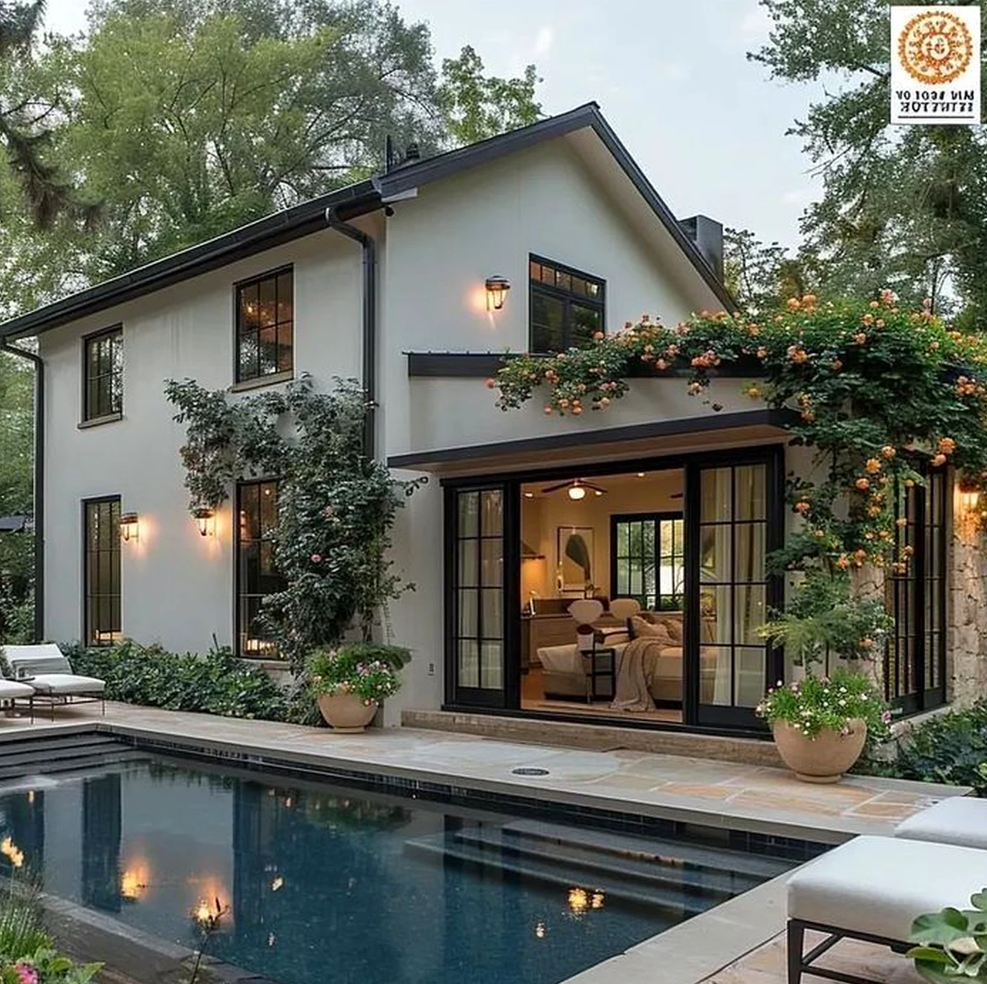 Calm fireplace area frames the composition with warmth, making the scene feel quietly finished.
