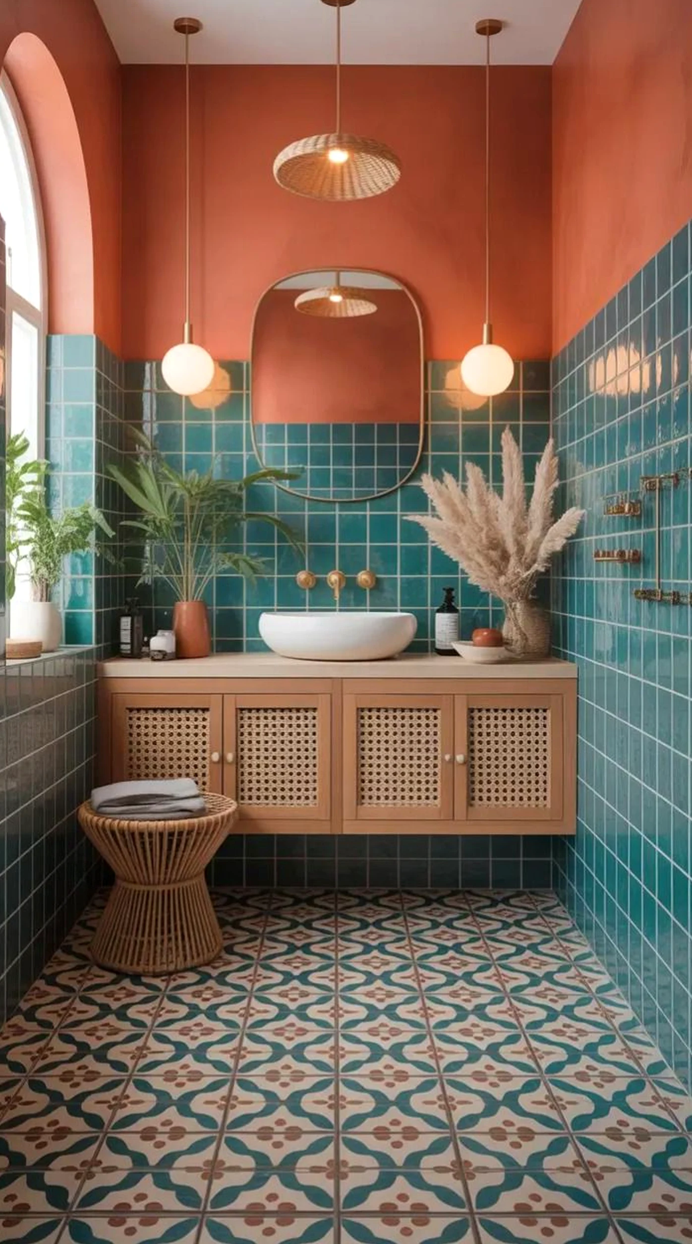 Textured courtyard view adds texture across the entry, giving the decor a finish that feels warm without clutter.