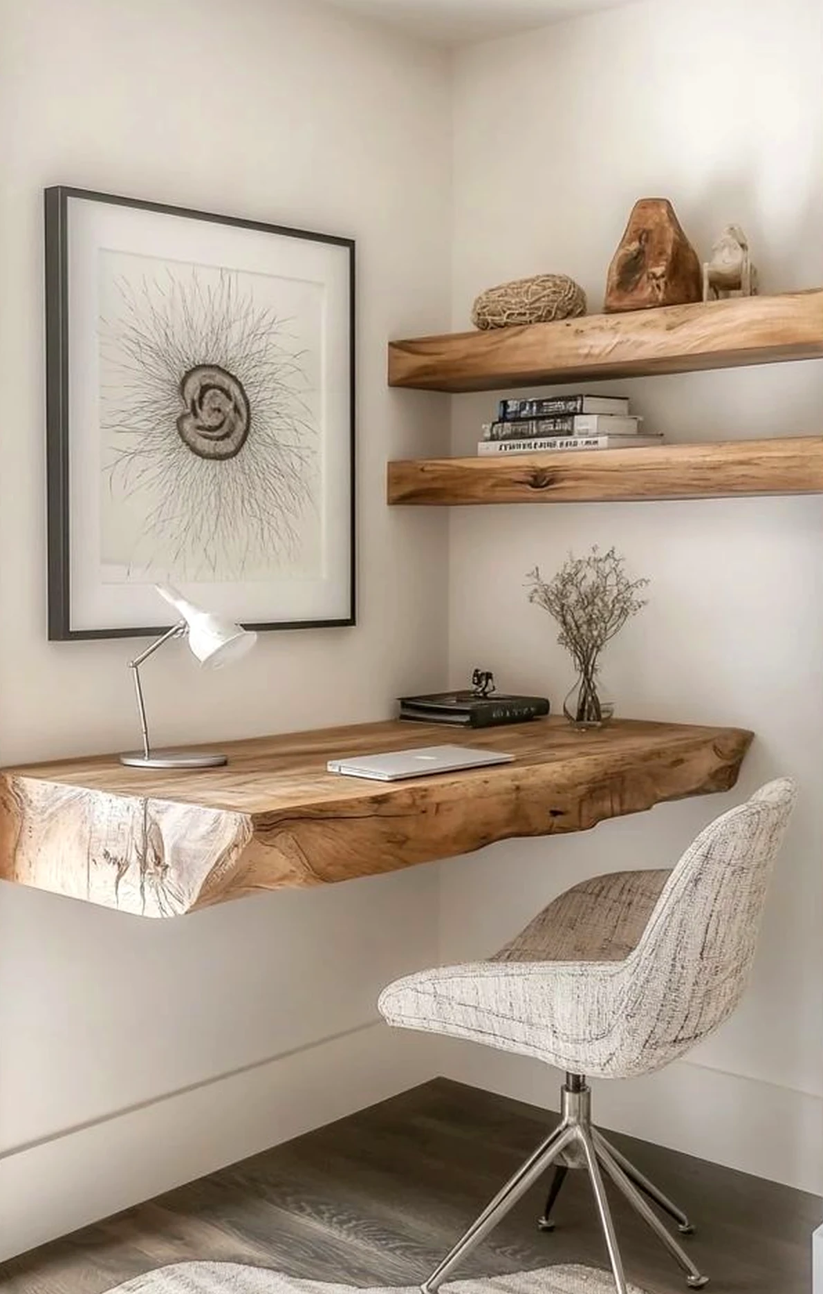 Warm cabinet wall brings contrast to the wall, creating a mood that feels simple yet expressive.