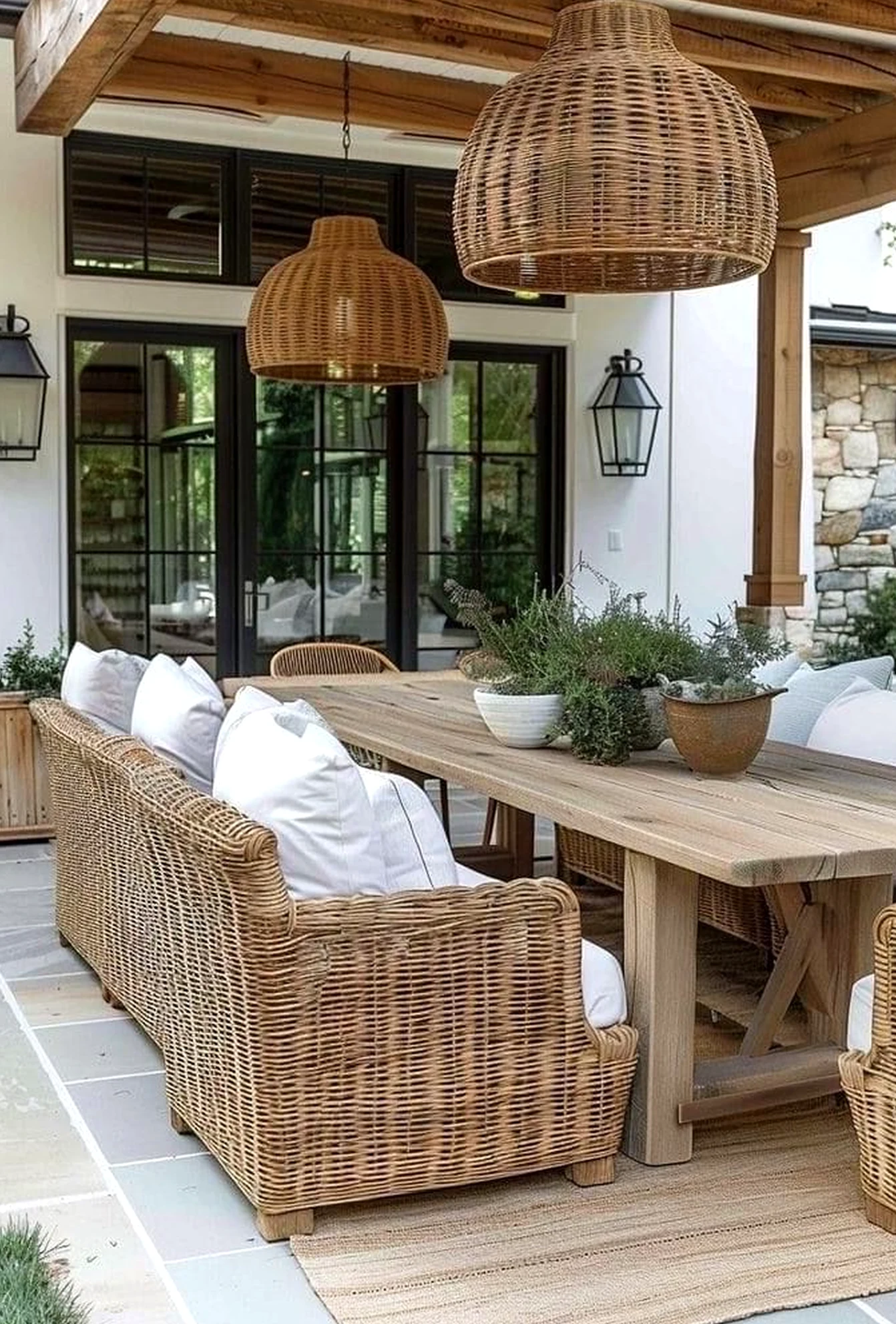 Subtle porch bench brings a useful note of character, making the wall feel fresh and intentional.