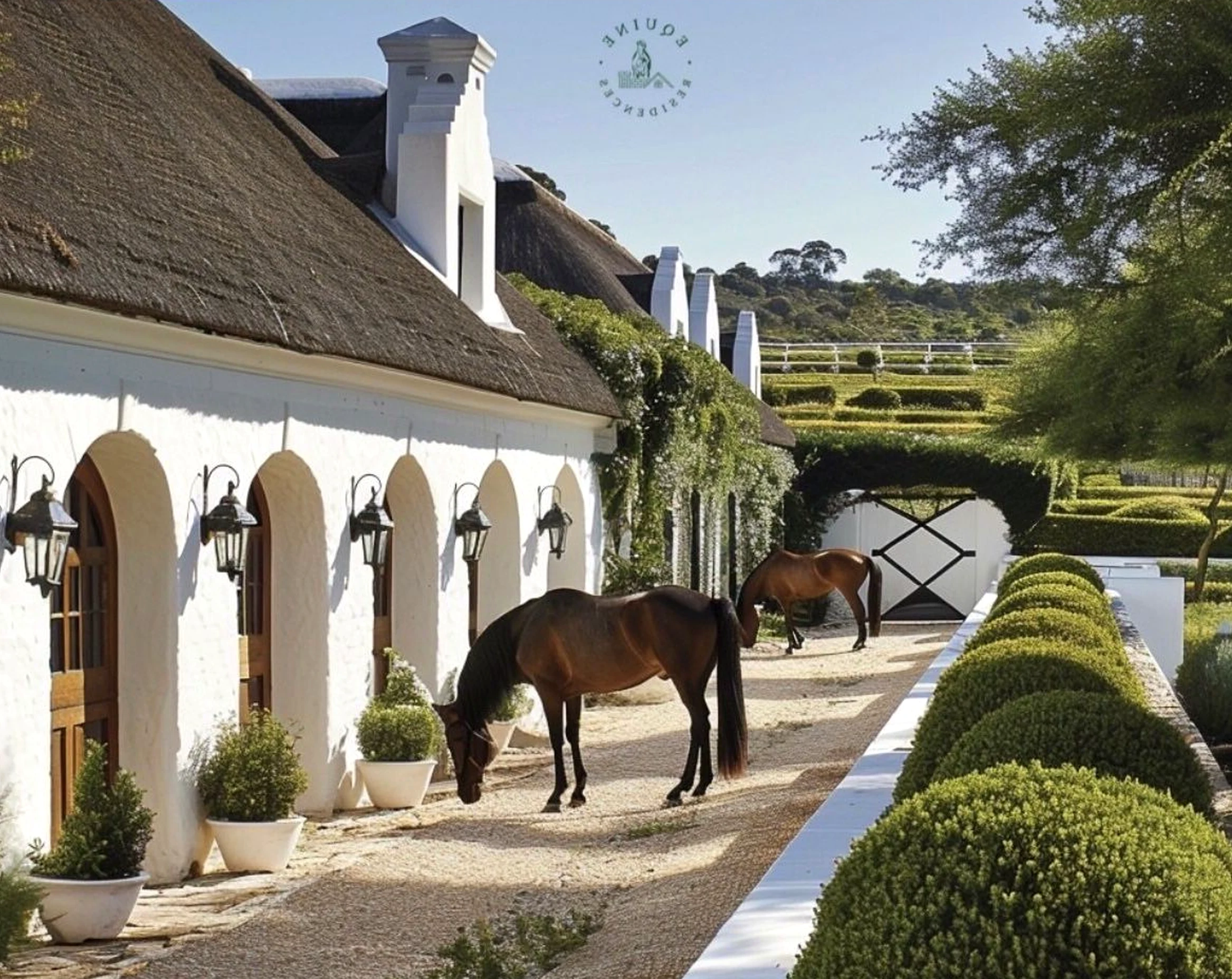 Sculptural tile detail frames the garden edge with comfort, making the scene feel open and lived-in.
