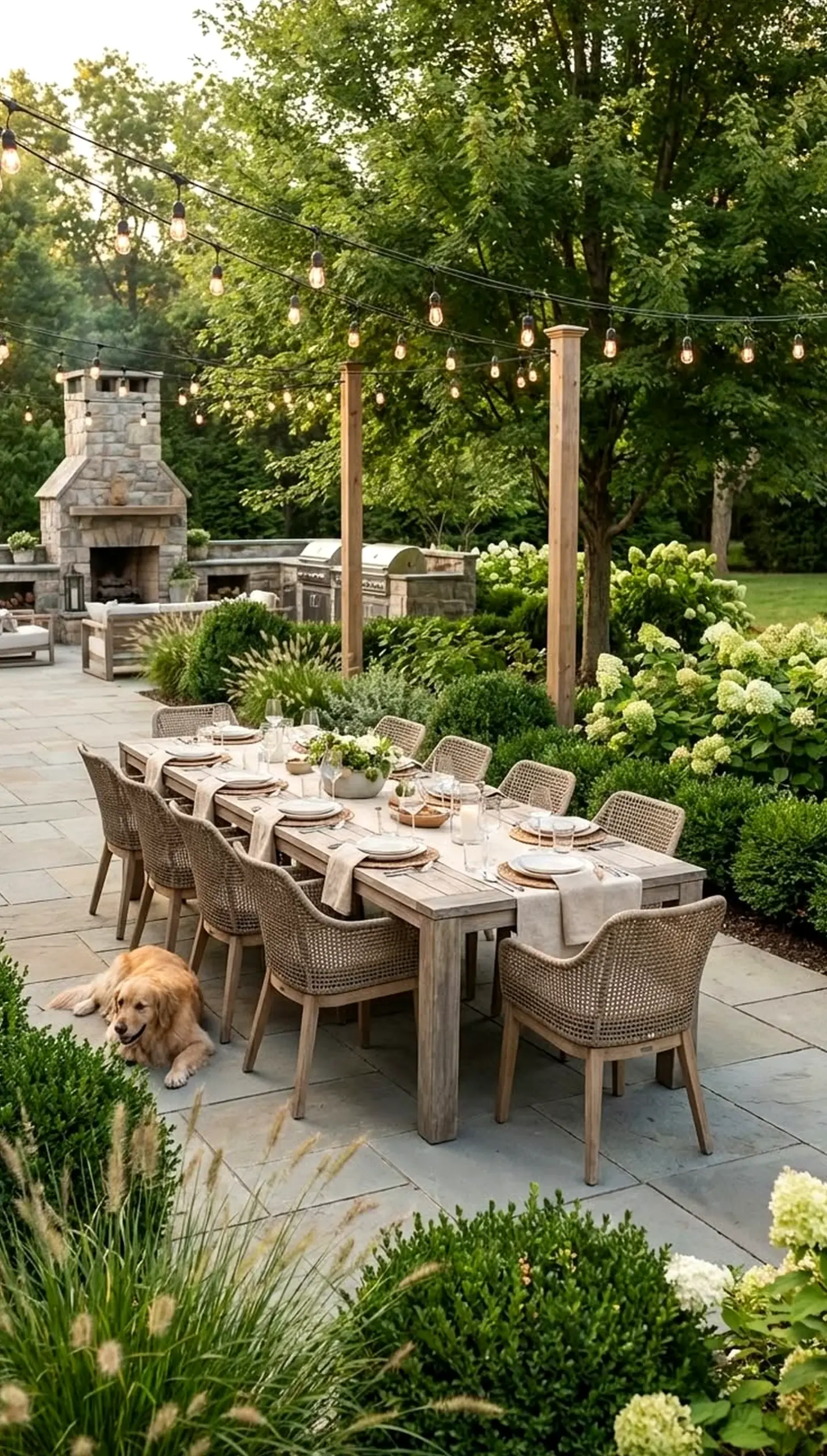 Sunny ceiling detail draws attention to shape while the table stays warm without clutter.