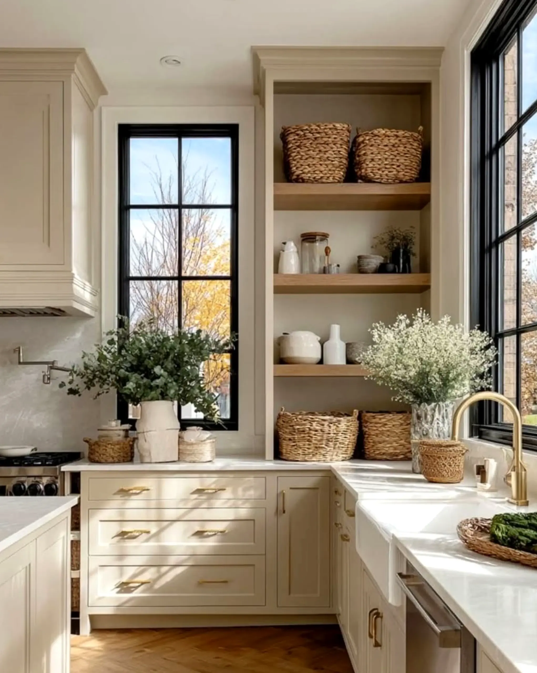 Soft plant shelf adds texture across the entry, giving the decor a finish that feels soft at the edges.
