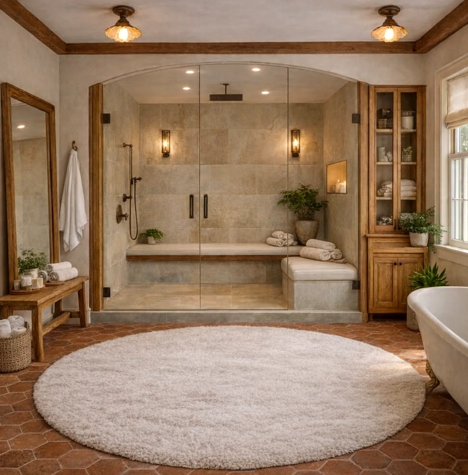 Sculptural decorative mirror adds contrast across the corner, giving the decor a finish that feels easy to enjoy.