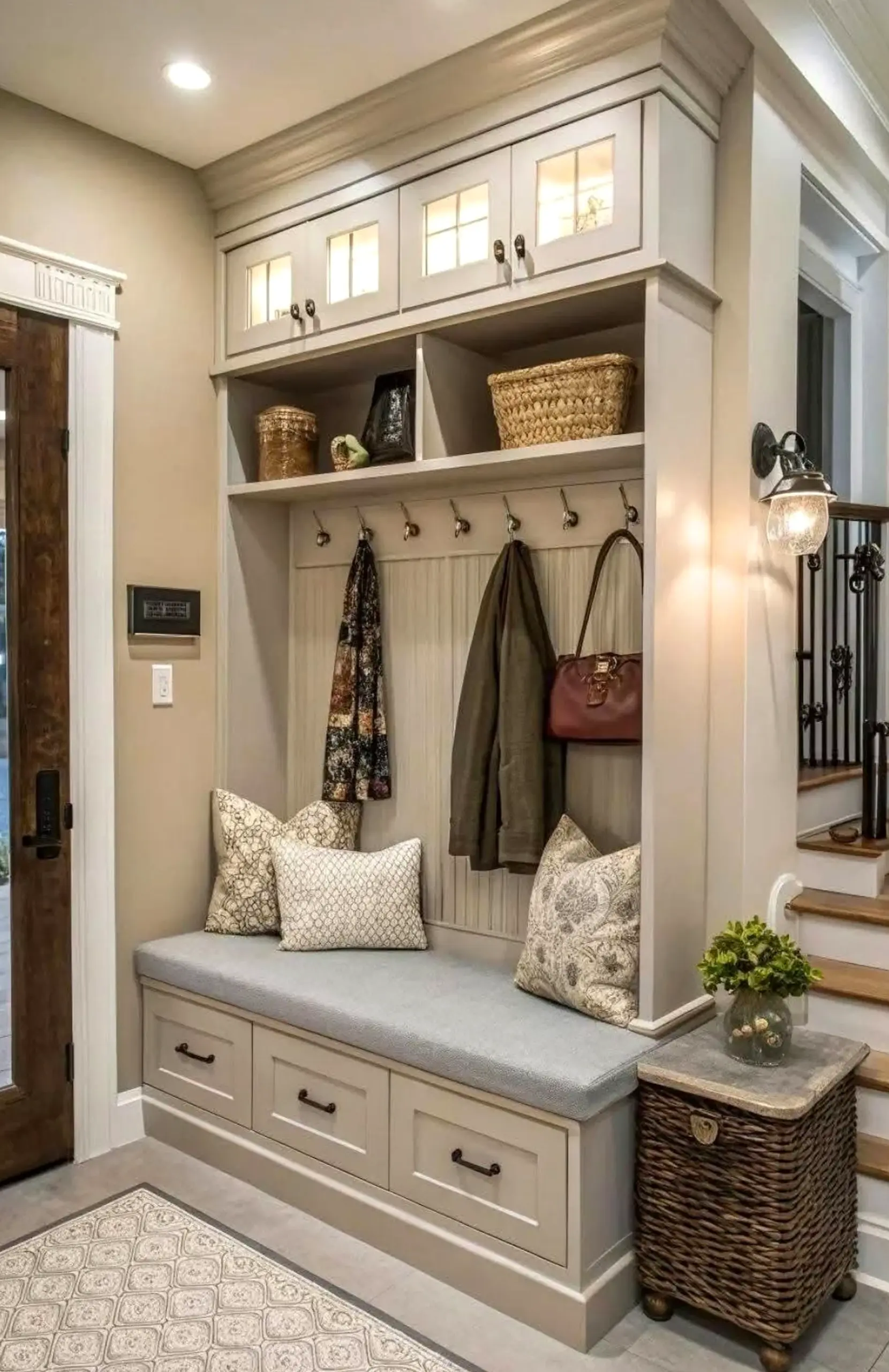 Subtle porch bench adds a clear layer of balance, helping the room feel visually grounded.